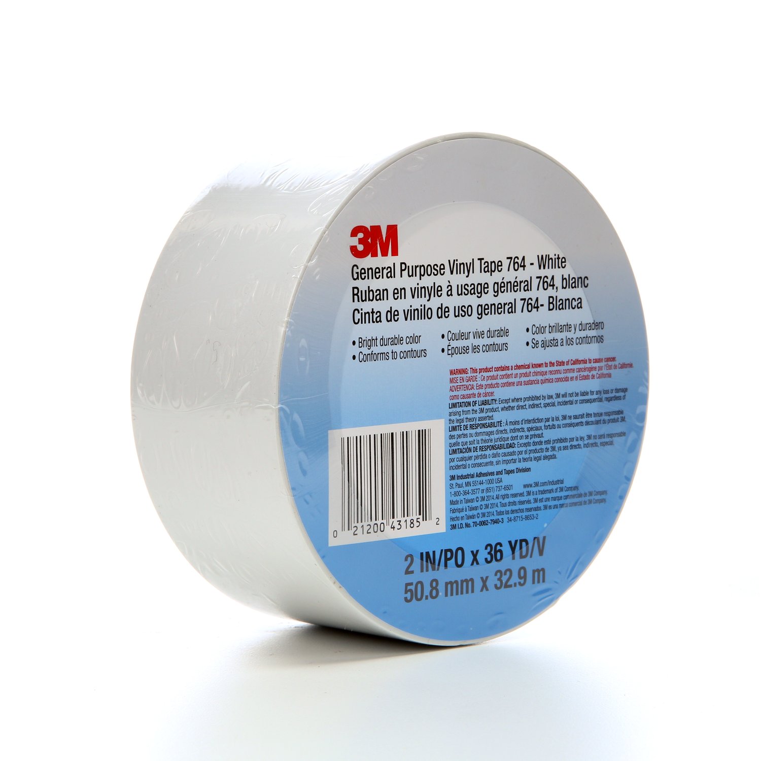 7000028956 - 3M General Purpose Vinyl Tape 764, White, 2 in x 36 yd, 5 mil, 24 Roll/Case, Individually Wrapped Conveniently Packaged