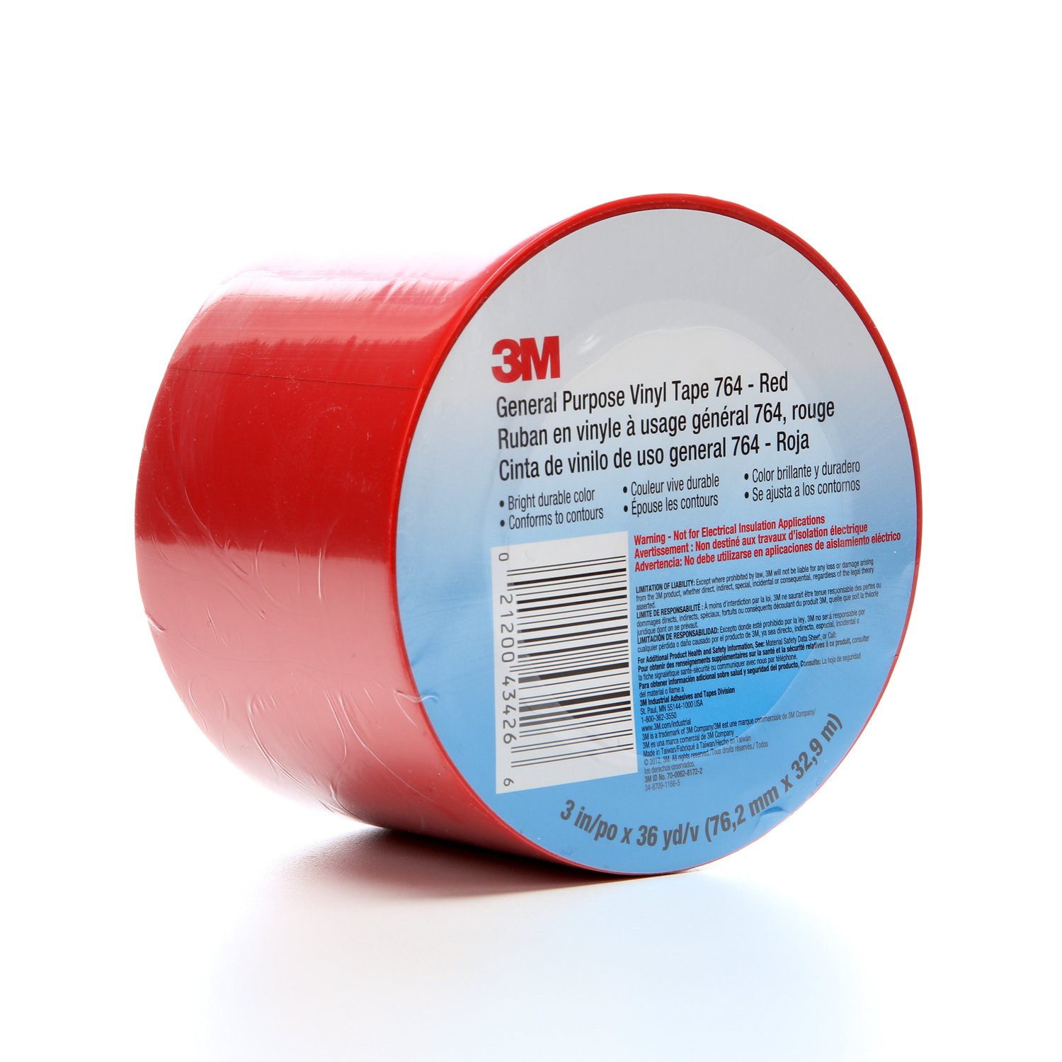 7000123885 - 3M General Purpose Vinyl Tape 764, Red, 3 in x 36 yd, 5 mil, 12 Roll/Case, Individually Wrapped Conveniently Packaged