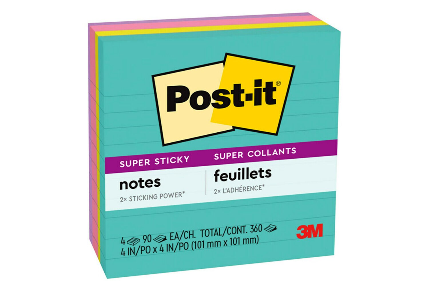 7100089773 - Post-it Super Sticky Notes 675-4SSMIA, 4 in x 4 in (101 mm x 101 mm), Supernova Neons, 4 Pads/Pack, 90 Sheets/Pad, Lined