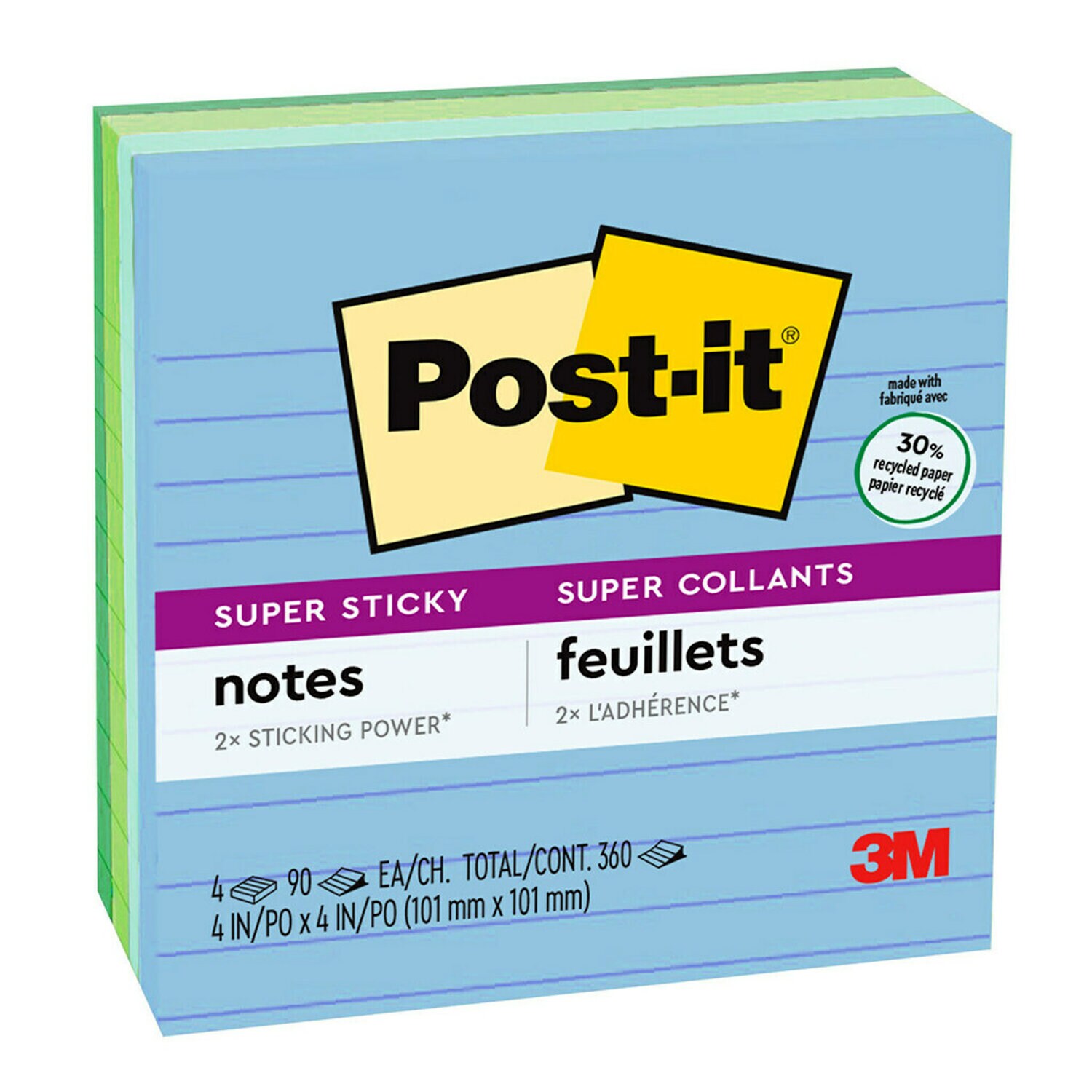7010372301 - Post-it Super Sticky Recycled Notes 675-4SST, 4 in x 4 in (101 mm x 101 mm), Oasis Collection, Lined, 4 Pads/Pk