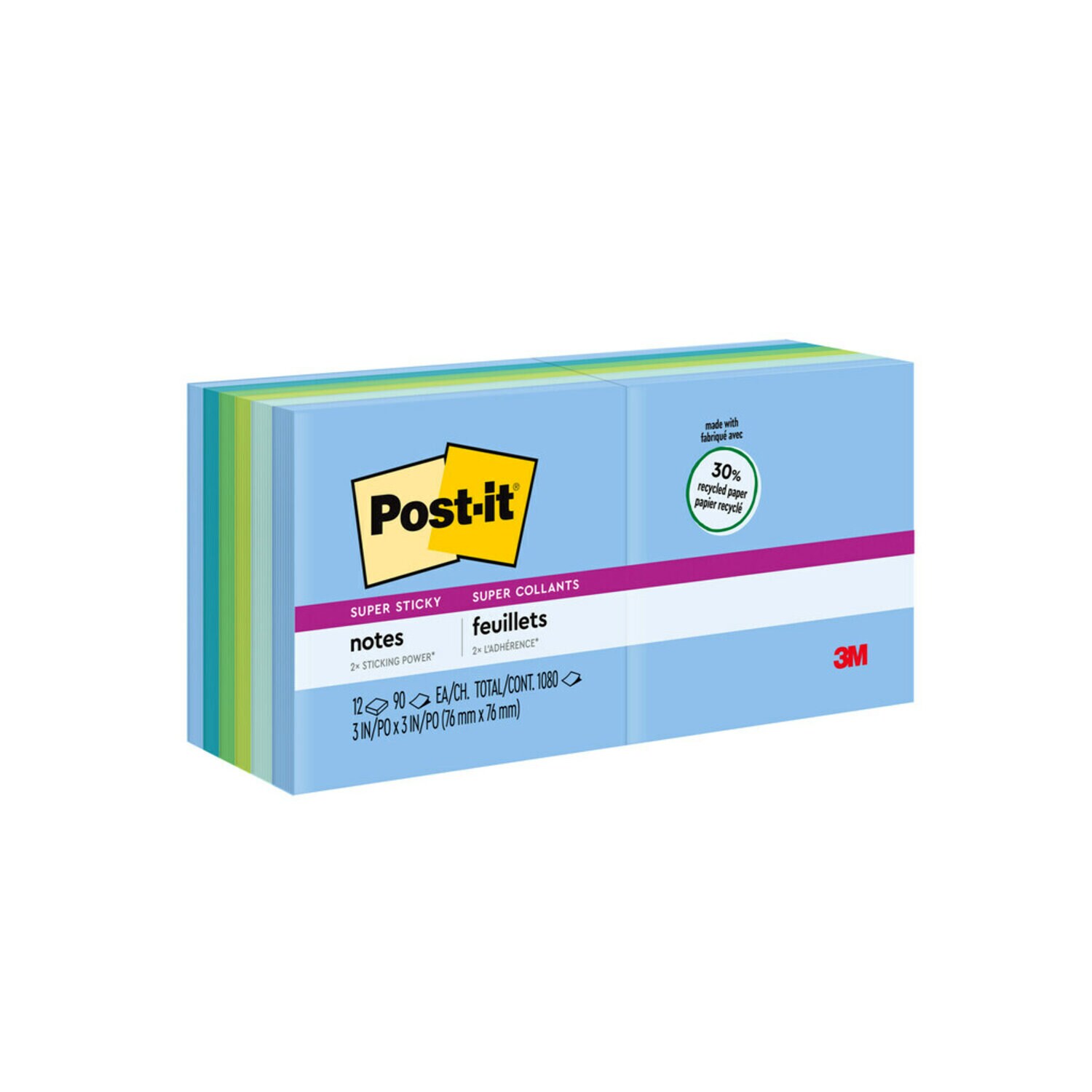 7010332776 - Post-it Super Sticky Recycled Notes 654-12SST, 3 in x 3 in (76 mm x 76 mm), Oasis Collection