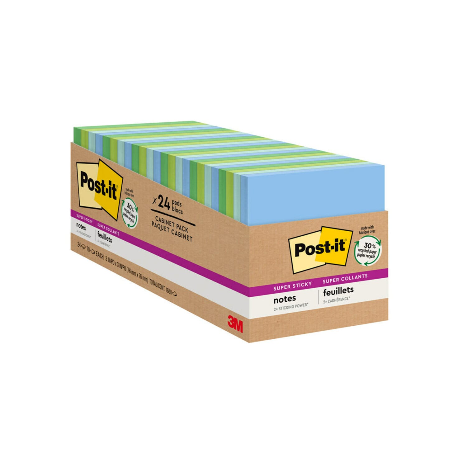 7100063950 - Post-it Super Sticky Recycled Notes 654-24SST-CP, 3 in x 3 in (76 mm x 76 mm), Oasis Collection