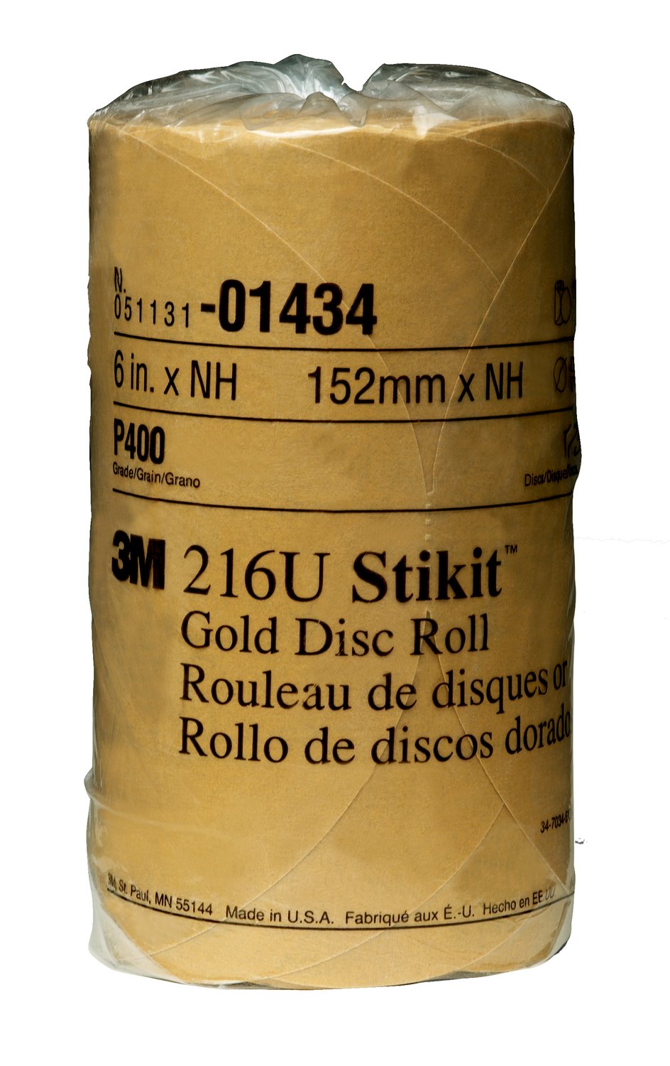 7000119681 - 3M Stikit Gold Disc Roll, 01434, 6 in, P400, 175 discs per roll, 6
rolls per case
