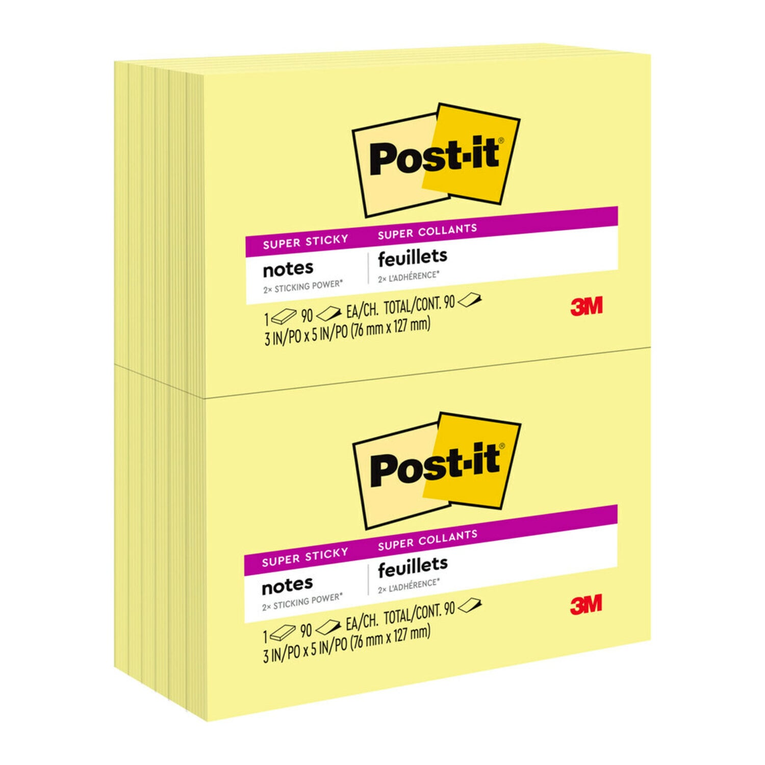 7000047940 - Post-it Super Sticky Notes 655-12SSCY, 3 in x 5 in (76 mm x 127 mm) Canary Yellow, 12 pk, 90 sh per pad