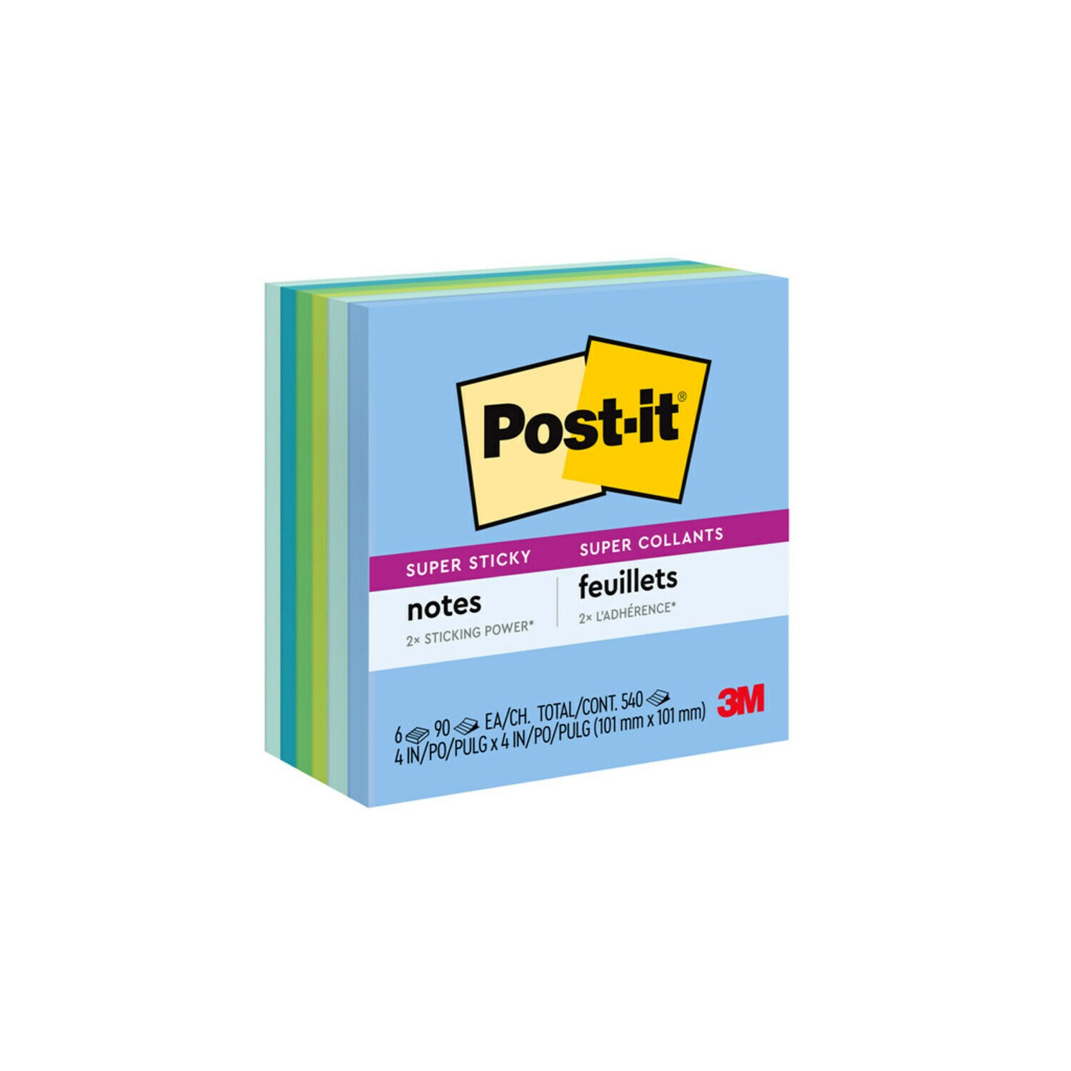 7100066315 - Post-it Super Sticky Recycled Notes 654-6SST, 3 in x 3 in (76 mm x 76
mm) Bora Bora Collection