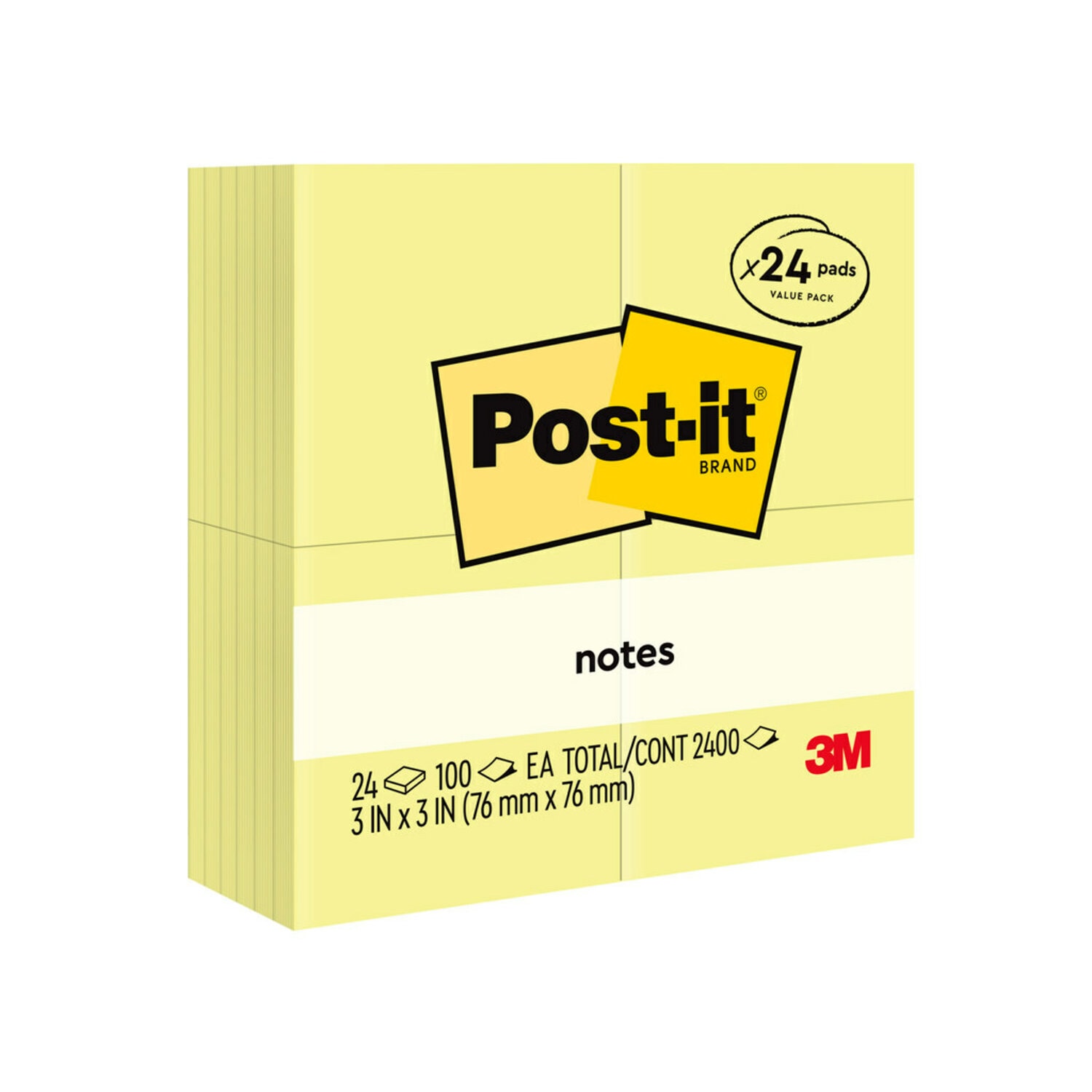 7100116579 - Post-it Notes 654-24VAD, 3 in x 3 in (76 mm x 76 mm) Canary Yellow