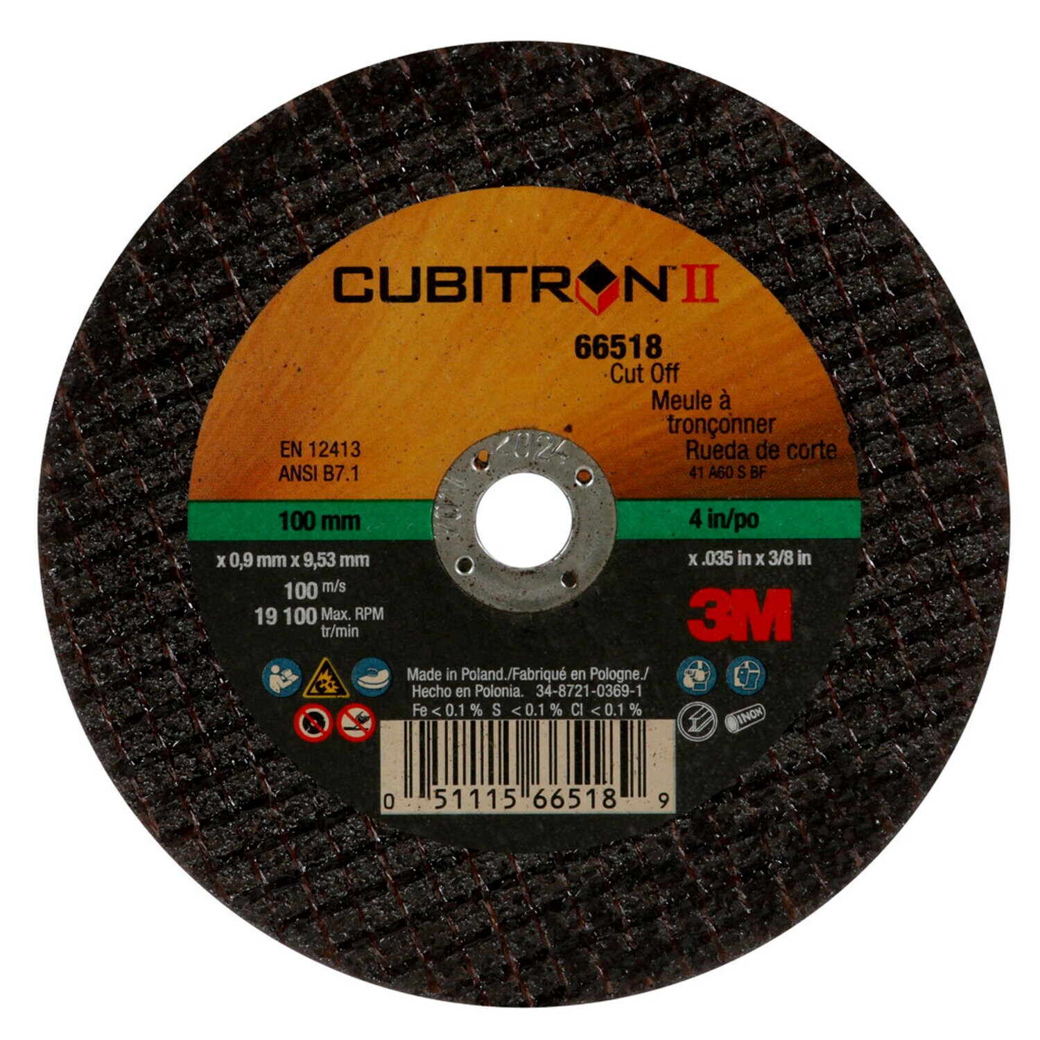 7100094773 - 3M Cubitron II Cut-Off Wheel, 66518, 60, Type 1, 4 in x 0.035 in x 3/8 in, 25/Carton, 50 ea/Case