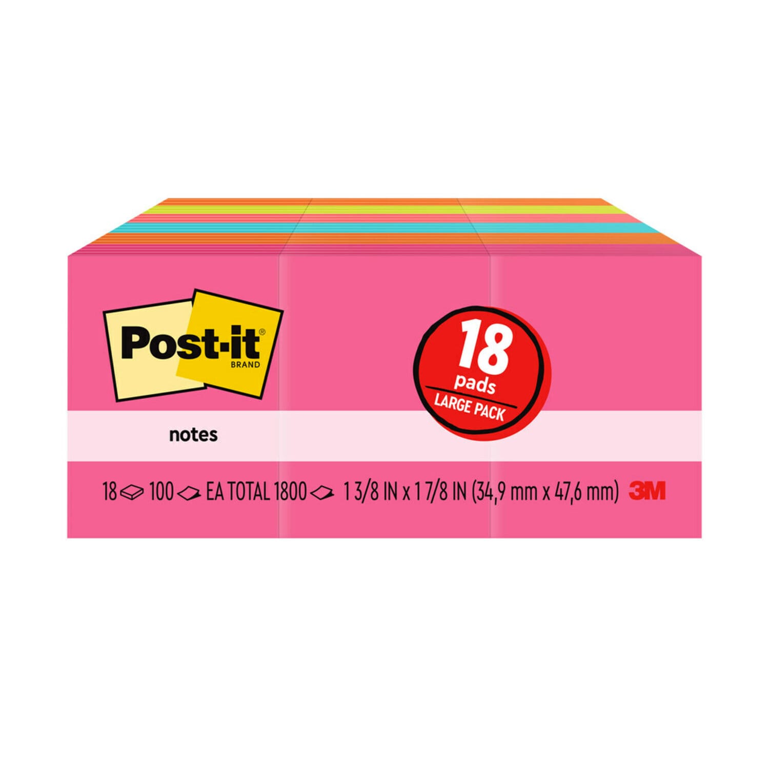 7010311825 - Post-it Notes 653-18AU, 1 3/8 in x 1 7/8 in (34,9 mm x 47,6 mm) Cape Town Colors, 18 Pads/Pack, 100 Sheets/Pad