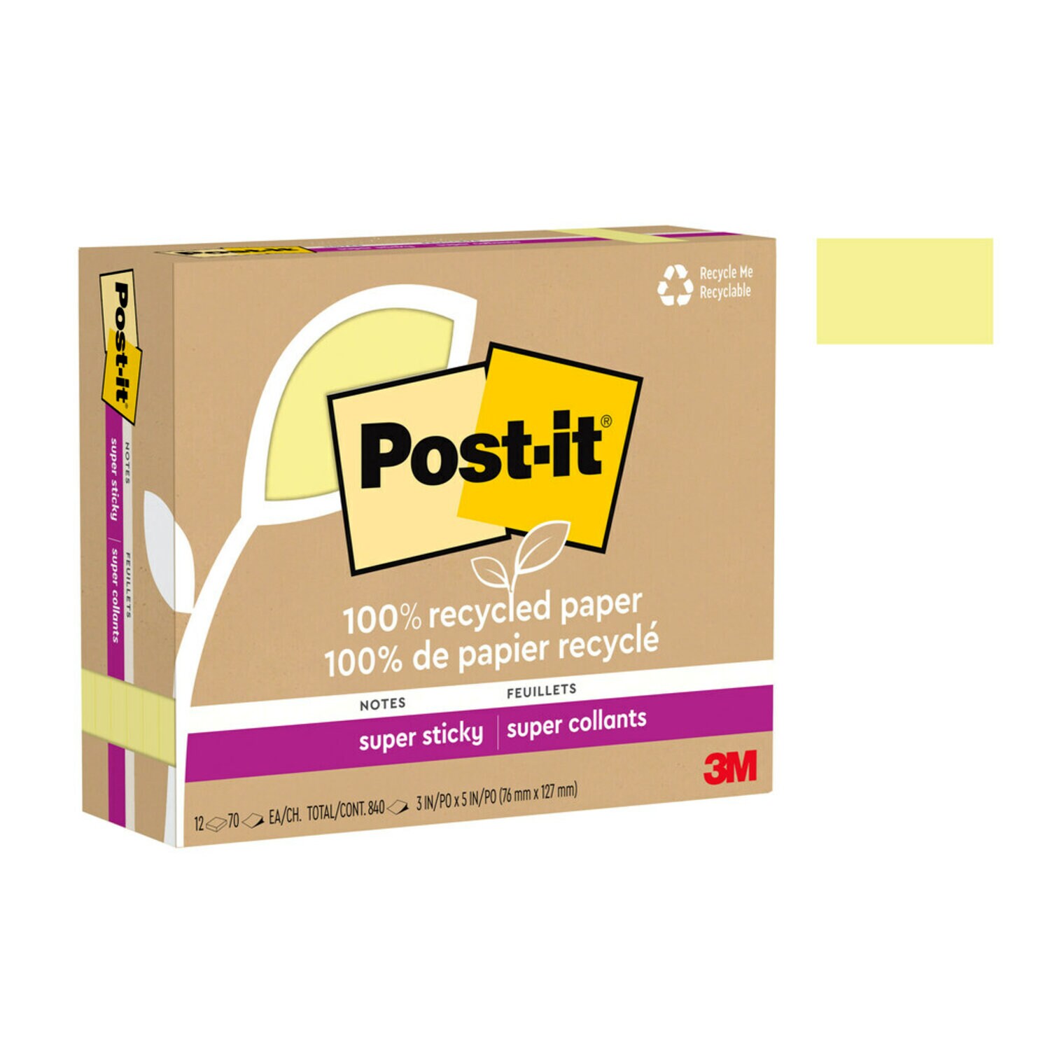 7100290364 - Post-it Super Sticky Recycled Notes 655R-12SSCY, 3 in x 5 in (76 mm x 127 mm)