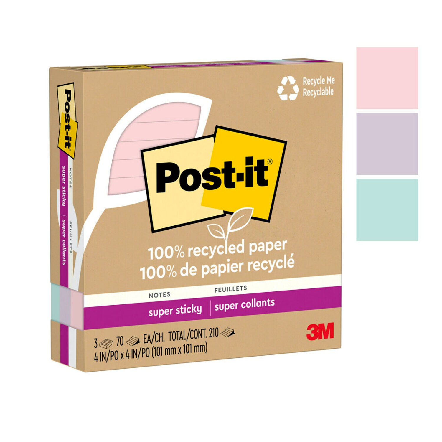 7100290323 - Post-it Super Sticky Recycled Notes 675R-3SSNRP, 4 in x 4 in (101 mm x 101 mm)