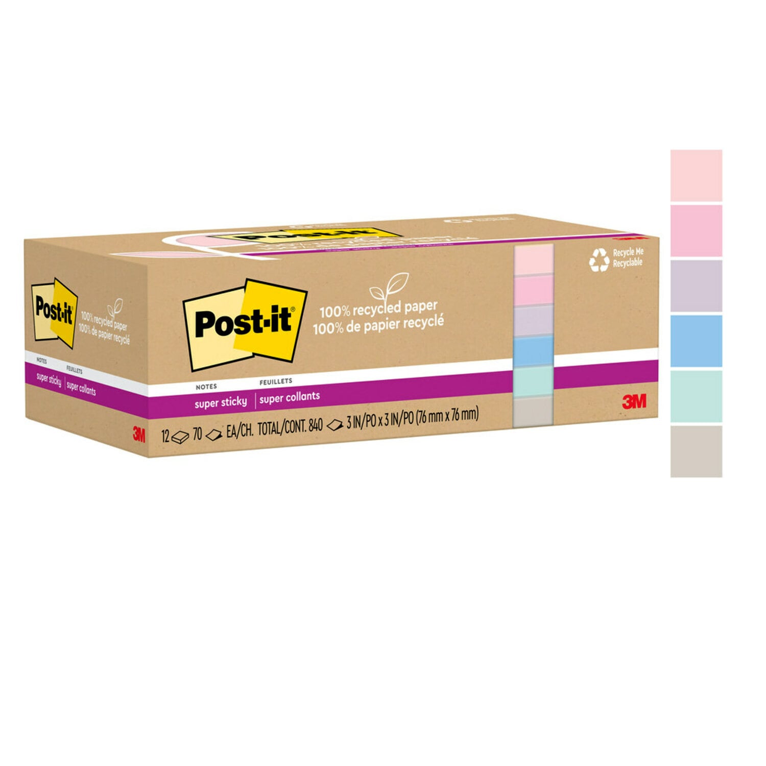 7100290397 - Post-it Super Sticky Recycled Notes 654R-12SSNRP, 3 in x 3 in (76 mm x 76 mm)