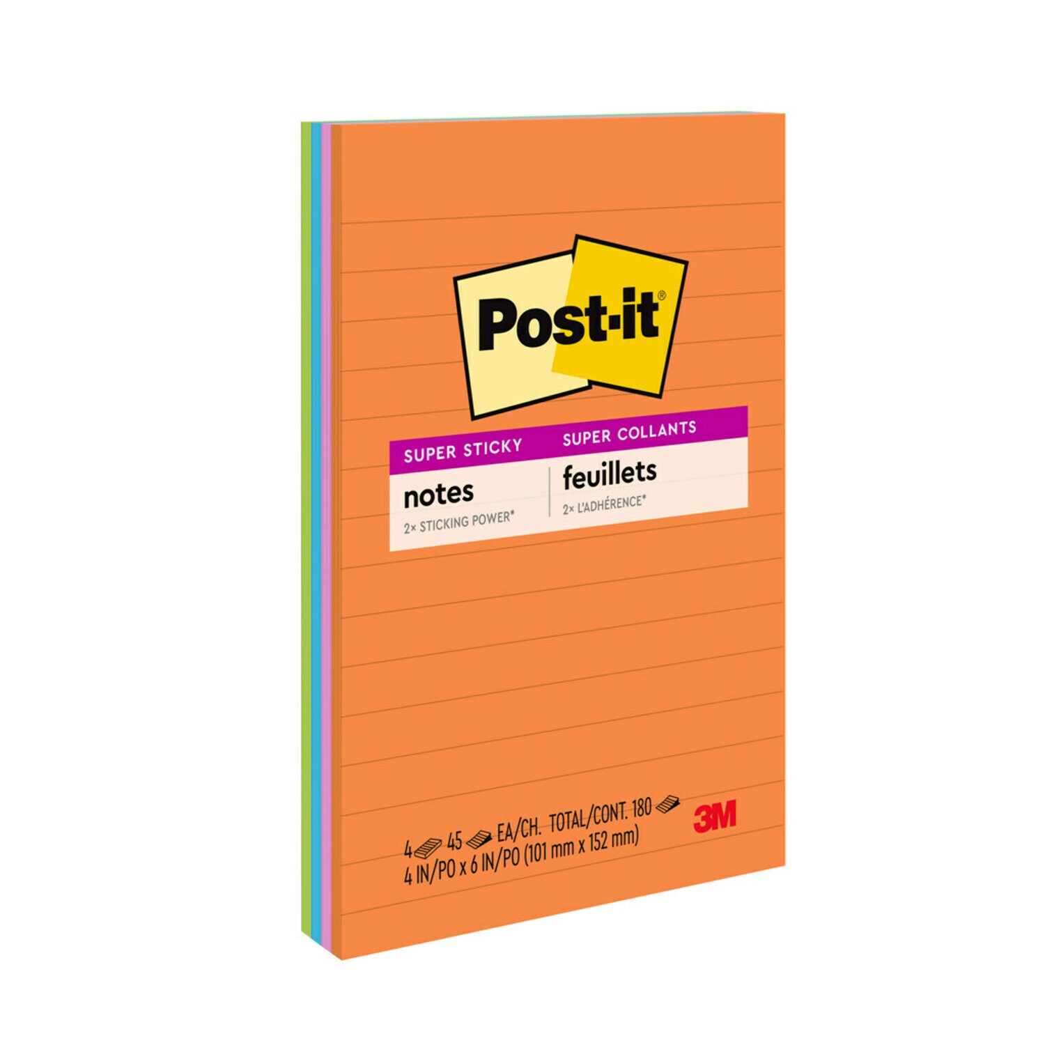 7100045378 - Post-it Super Sticky Notes 4621-SSAU, 4 in x 6 in (101 mm x 152 mm) Energy Boost, Lined, 4 Pads/Pack