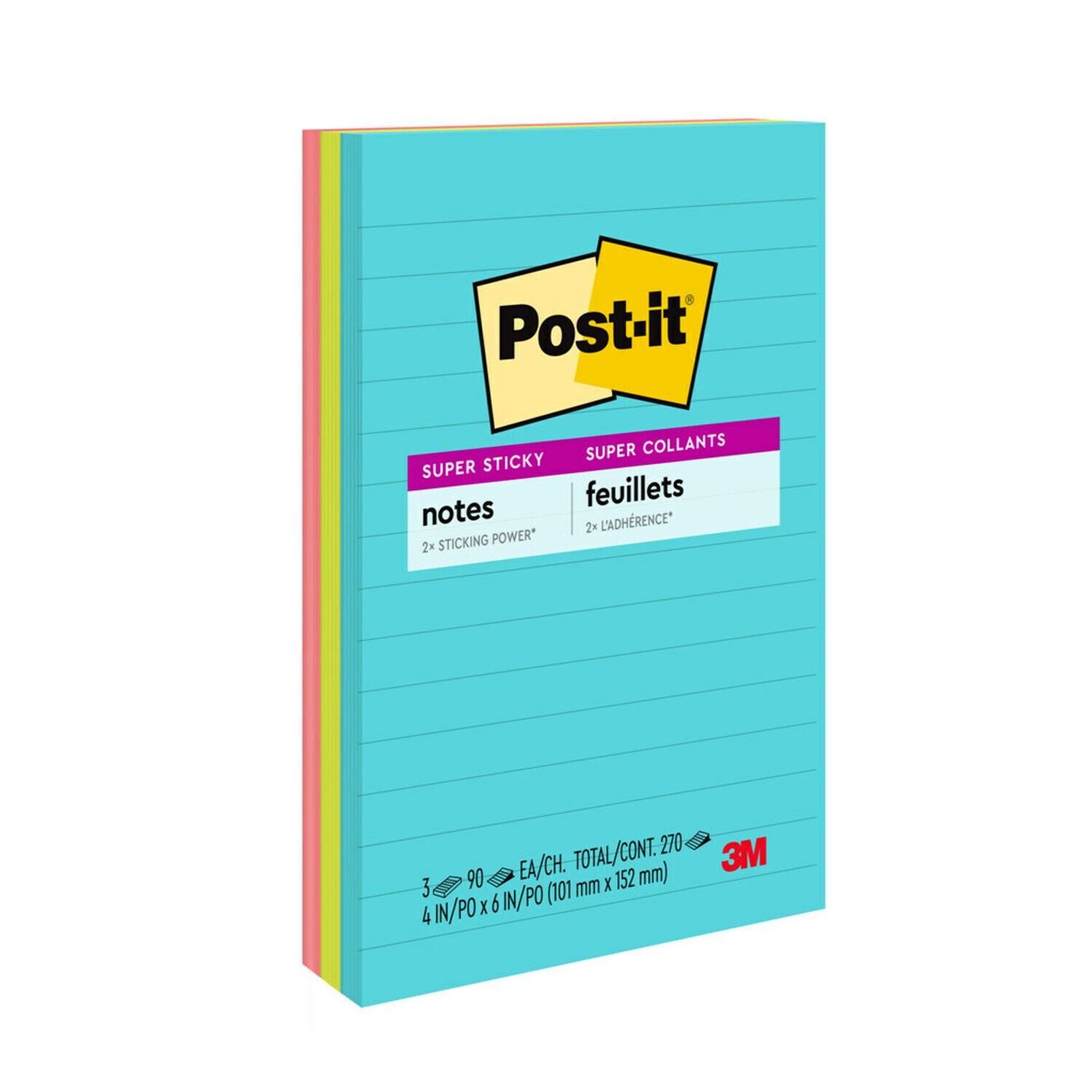 7100088532 - Post-it Super Sticky Notes 660-3SSMIA, 4 in x 6 in (101 mm x 152 mm),
Miami Collection, 3 Pads/Pack, 90 Sheets/Pad, Lined