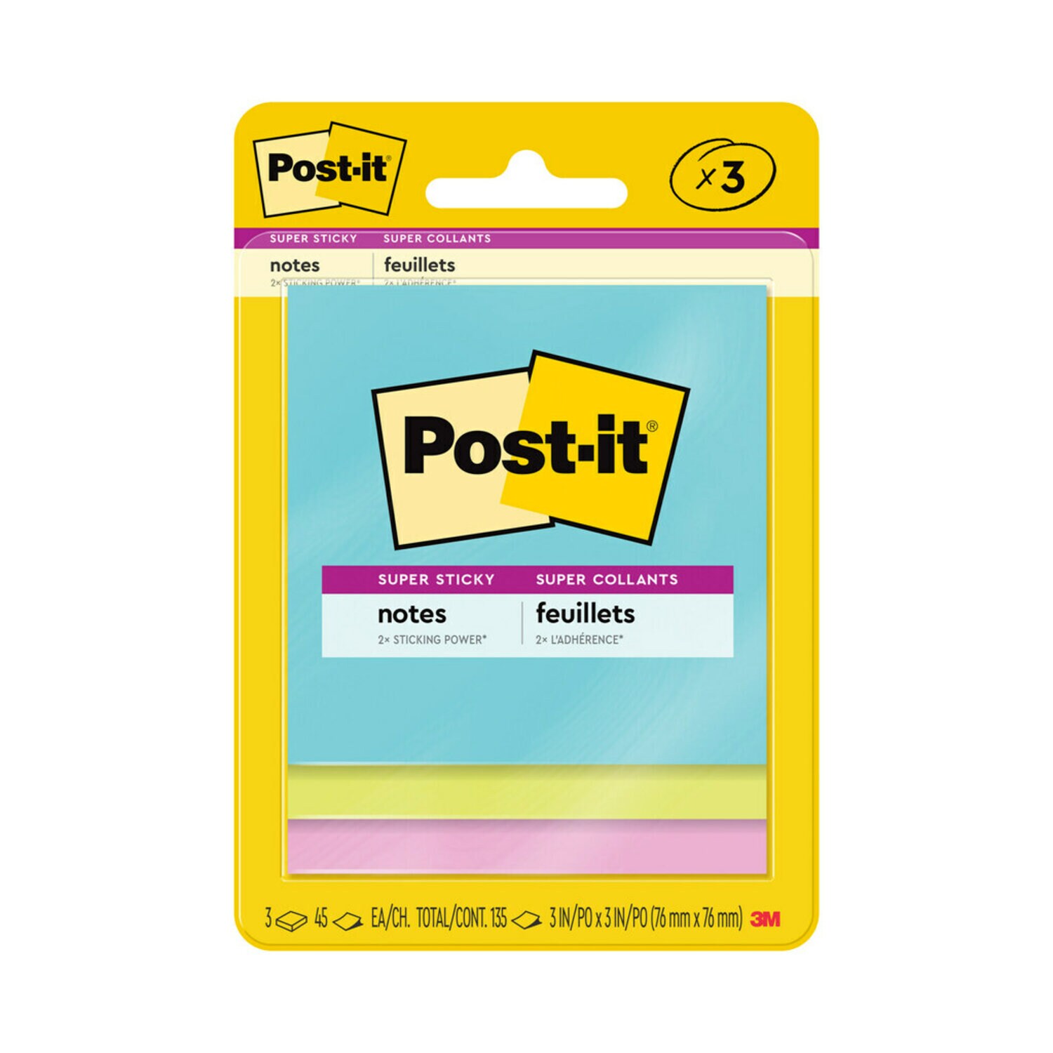 7100089126 - Post-it Super Sticky Notes 3321-SSMIA, 3 in x 3 in (76 mm x 76 mm),
Miami Collection, 3 Pads/Pack, 45 Sheets/Pad