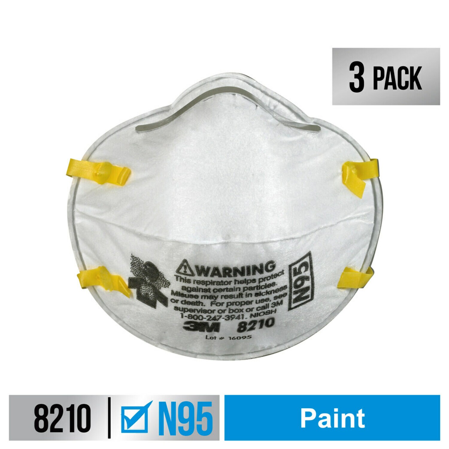 7100159404 - 3M Performance Paint Prep Respirator N95 Particulate, 8210P3-DC, 3
eaches/pack, 12 packs/case