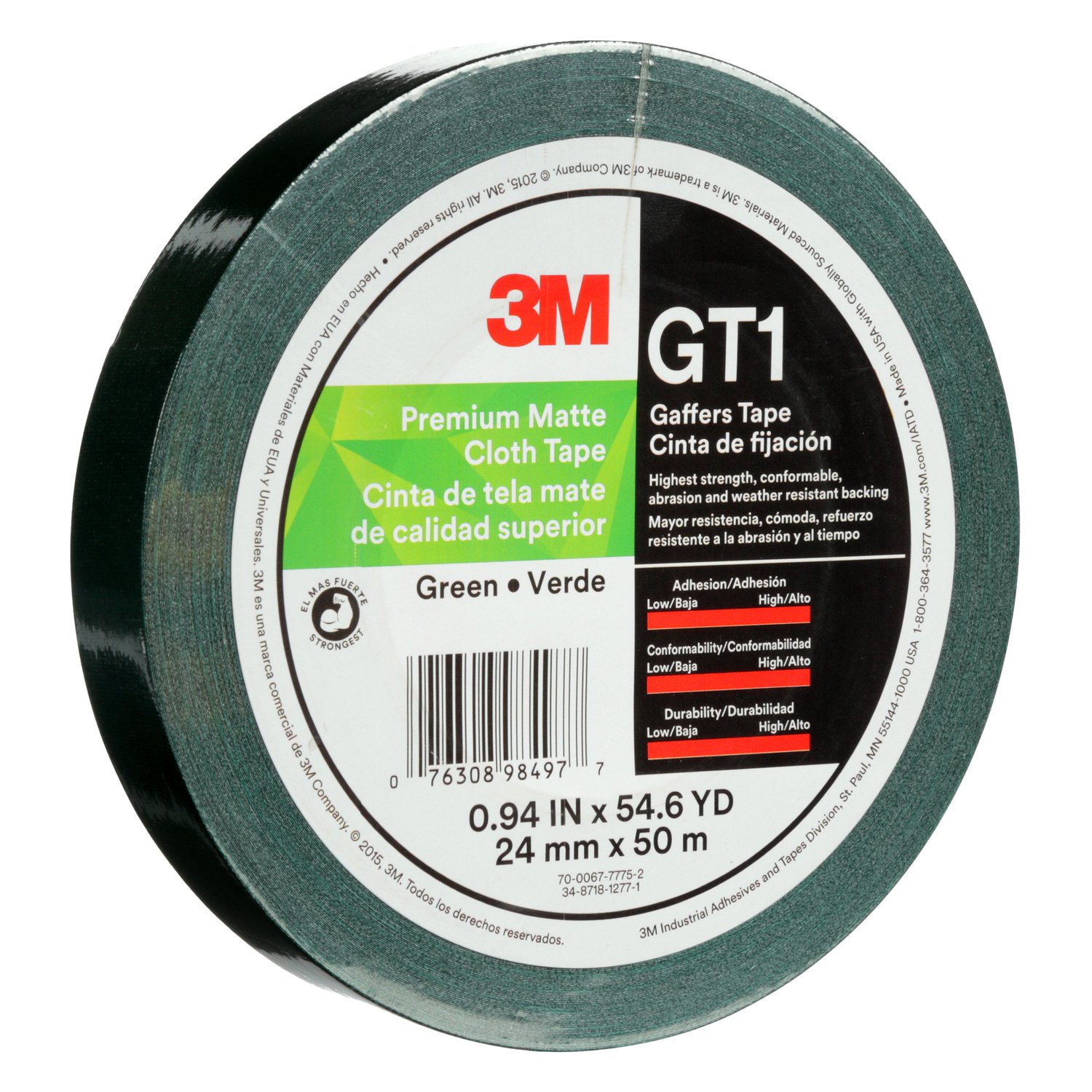 7010336127 - 3M Premium Matte Cloth (Gaffers) Tape GT1, Green, 24 mm x 50 m, 11 mil,
48/Case