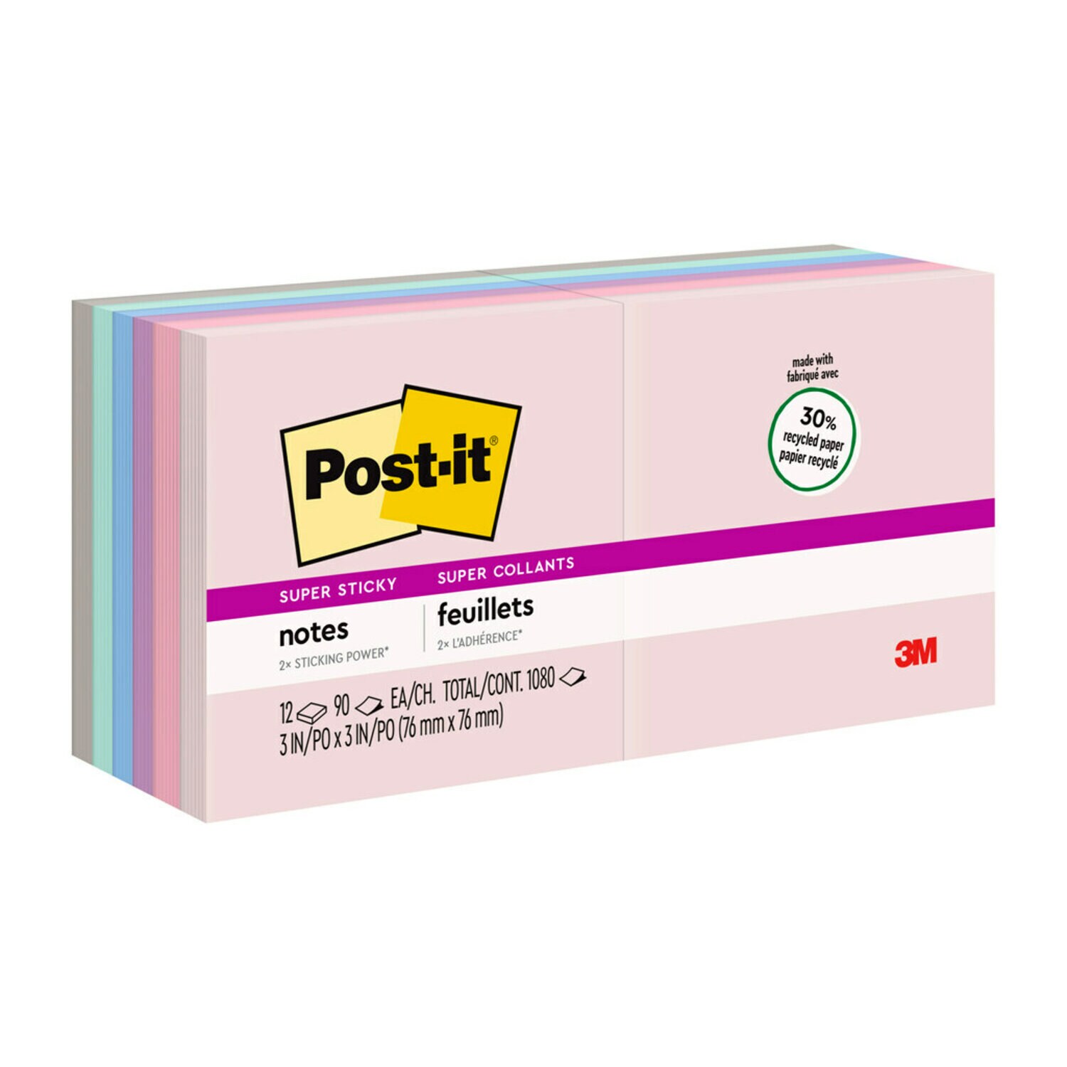 7100061960 - Post-it Super Sticky Recycled Notes 654-12SSNRP, 3 in x 3 in (76 mm x 76 mm), Wanderlust Pastels Collection