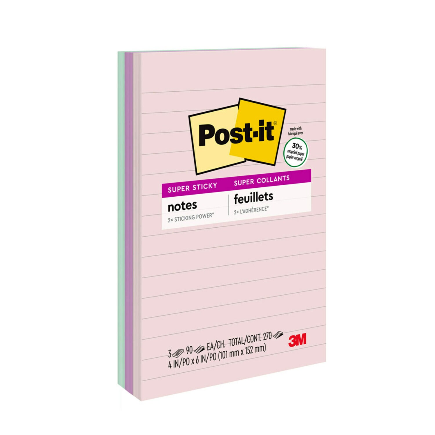 7100048299 - Post-it Super Sticky Recycled Notes 660-3SSNRP, 4 in x 6 in (101 mm x
152 mm) Bali Collection, Lined 5 Pads/Pack