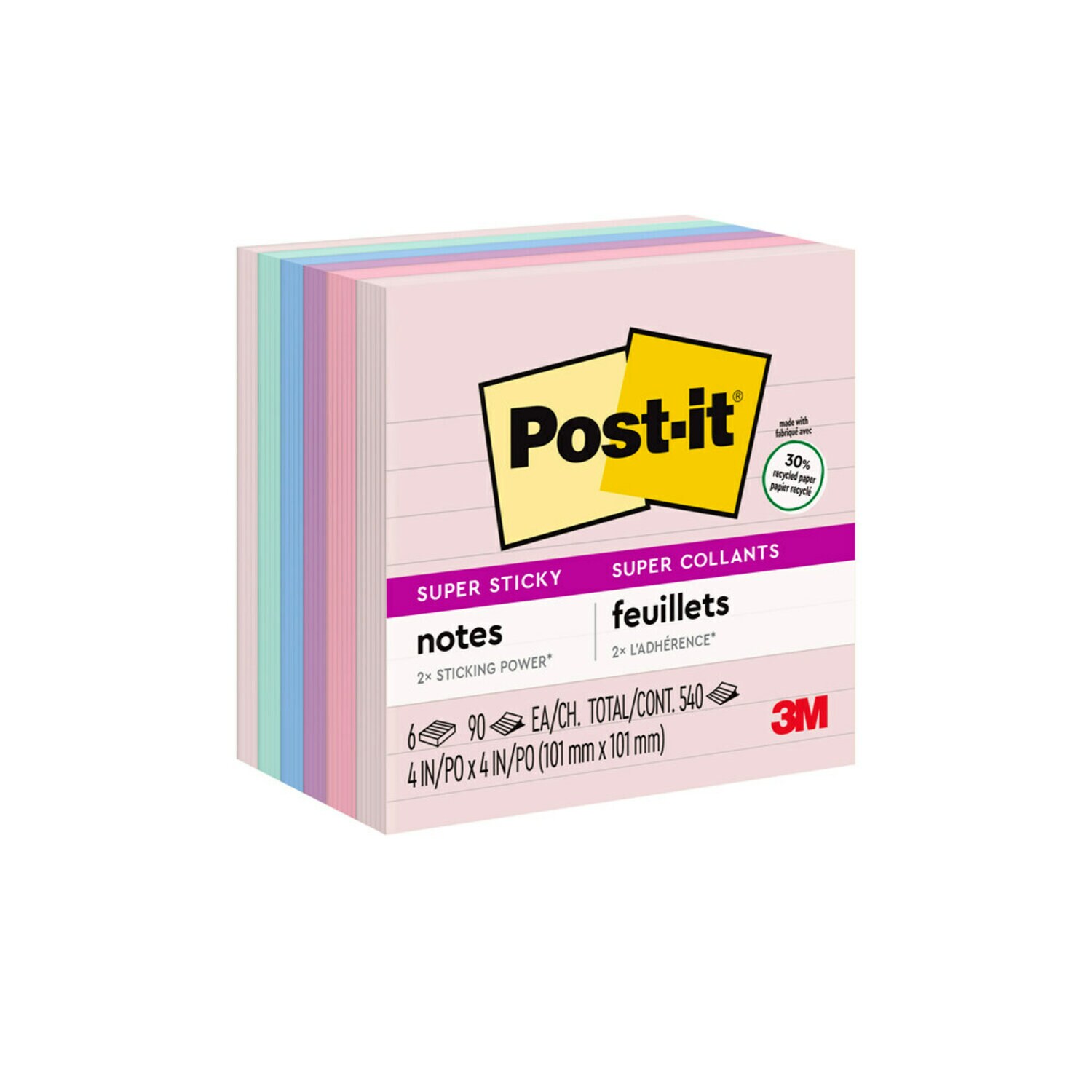 7010311465 - Post-it Super Sticky Recycled Notes 675-6SSNRP, 4 in x 4 in (101 mm x 101 mm), Wanderlust Pastels Collection, Lined, 6 Pads/Pack