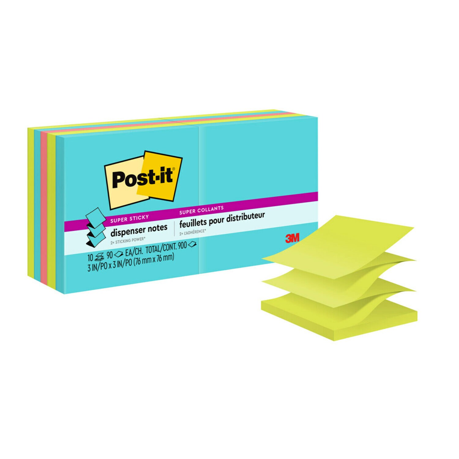 7100089132 - Post-it Super Sticky Dispenser Pop-up Notes R330-10SSMIA, 3 in x 3 in (76 mm x 76 mm), Supernova Neons, 10 Pads/Pack,90 Sheets/Pad