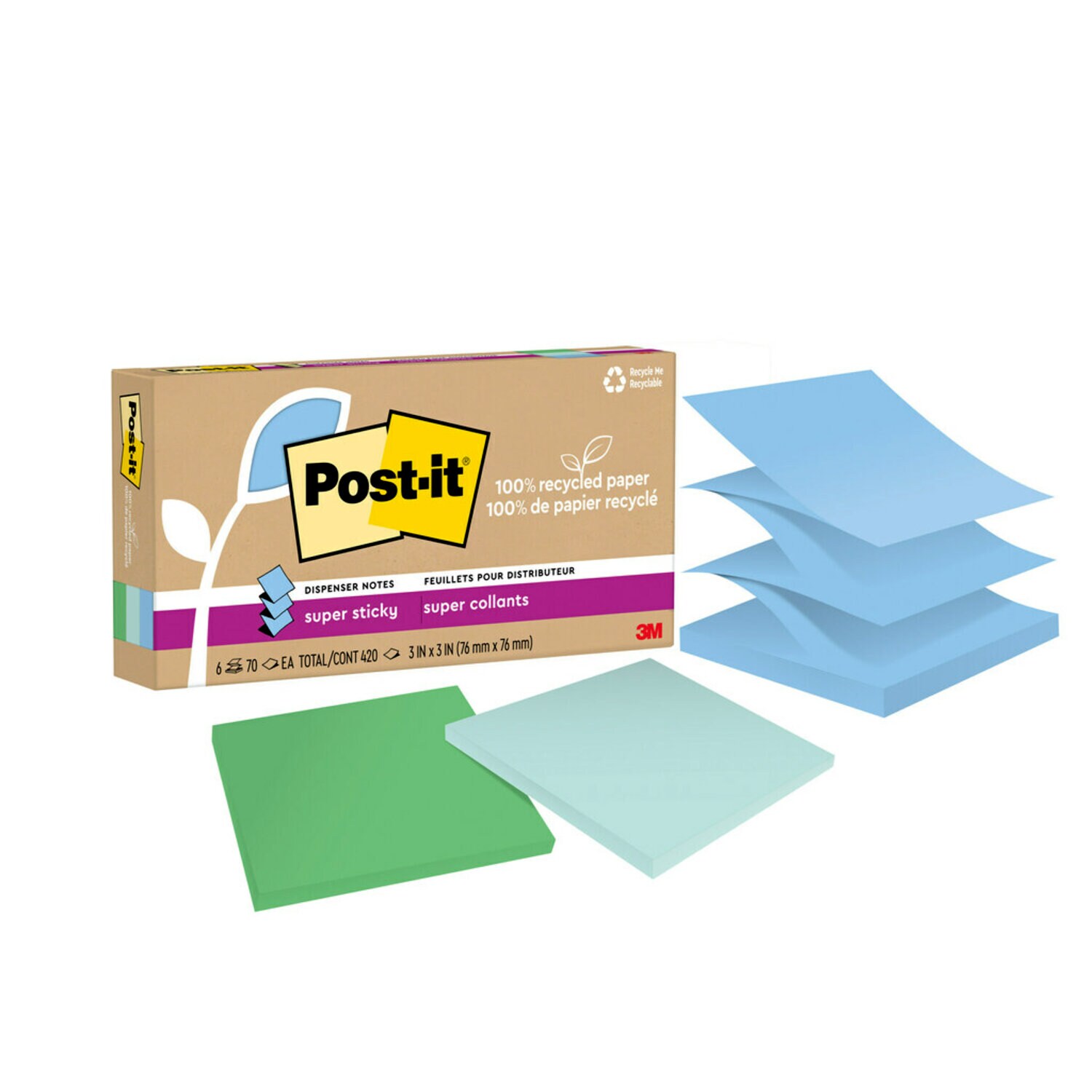 7100290433 - Post-it Super Sticky Recycled Pop-up Notes R330R-6SST, 3 in x 3 in (76 mm x 76 mm)