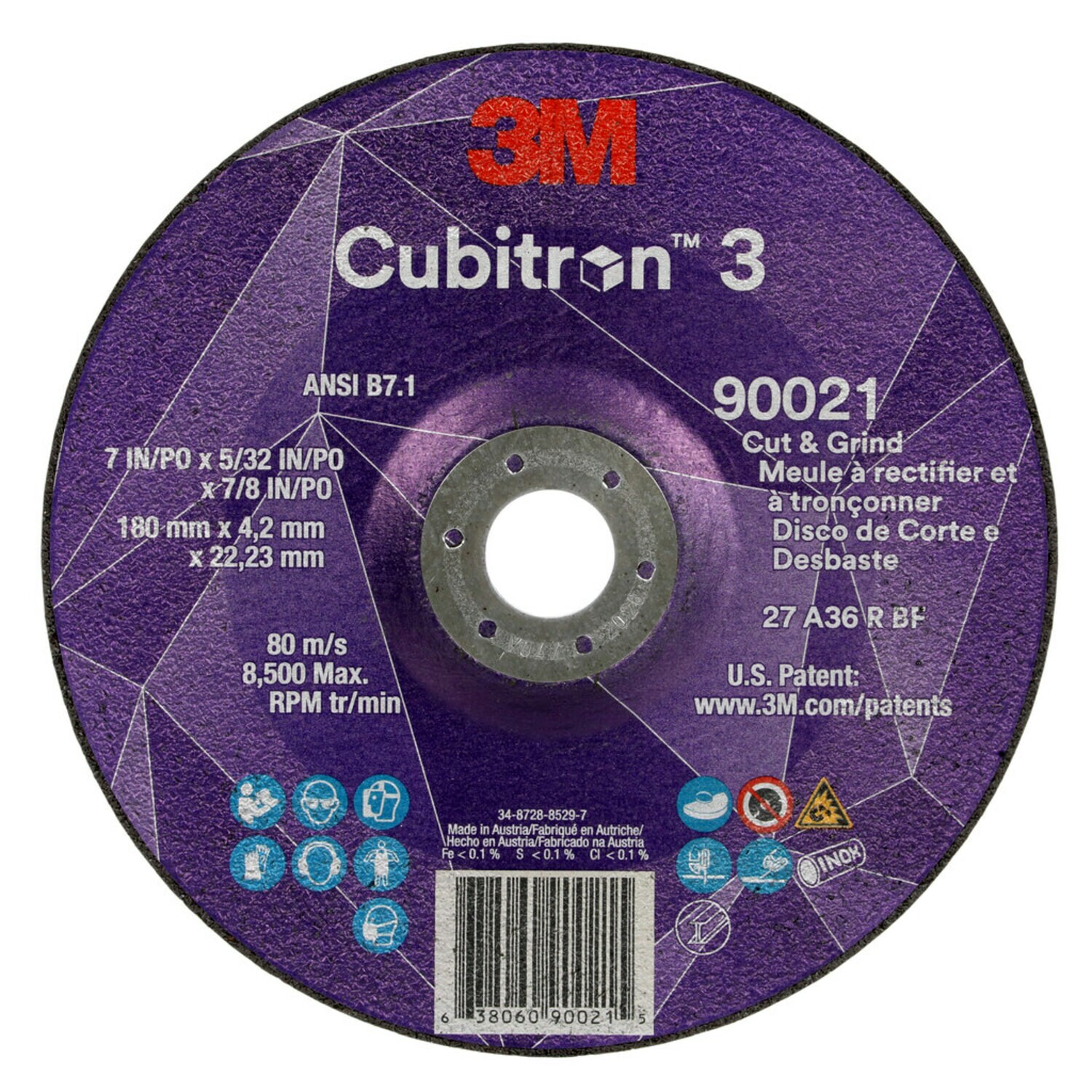 7100313206 - 3M Cubitron 3 Cut and Grind Wheel, 90021, 36+, T27, 7 in x 5/32 in x
7/8 in (180 x 4.2 x 22.23 mm), ANSI, 10/Pack, 20 ea/Case