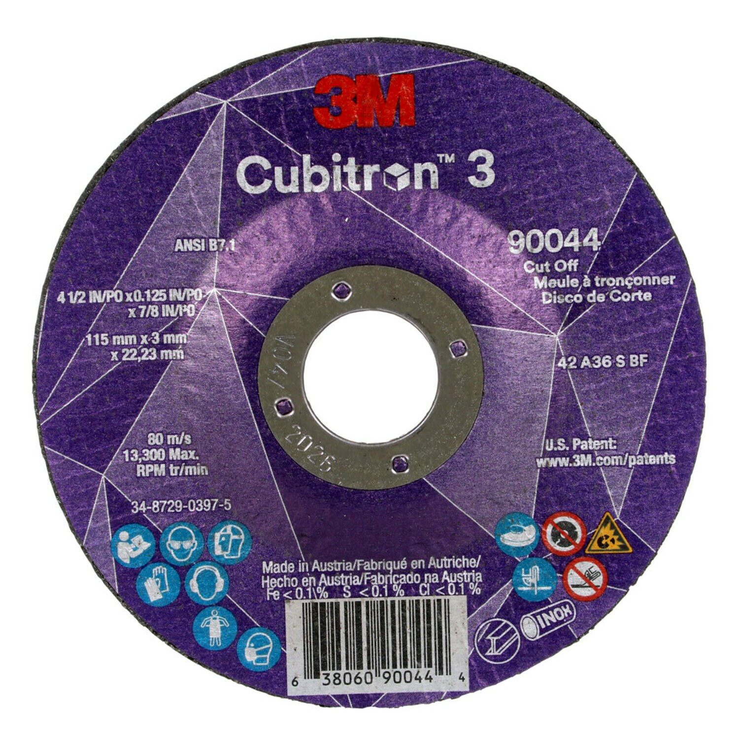 7100304009 - 3M Cubitron 3 Cut-Off Wheel, 90044, 36+, T27, 4-1/2 in x 0.125 in x
7/8 in (115 x 3 x 22.23 mm), ANSI, 25/Pack, 50 ea/Case