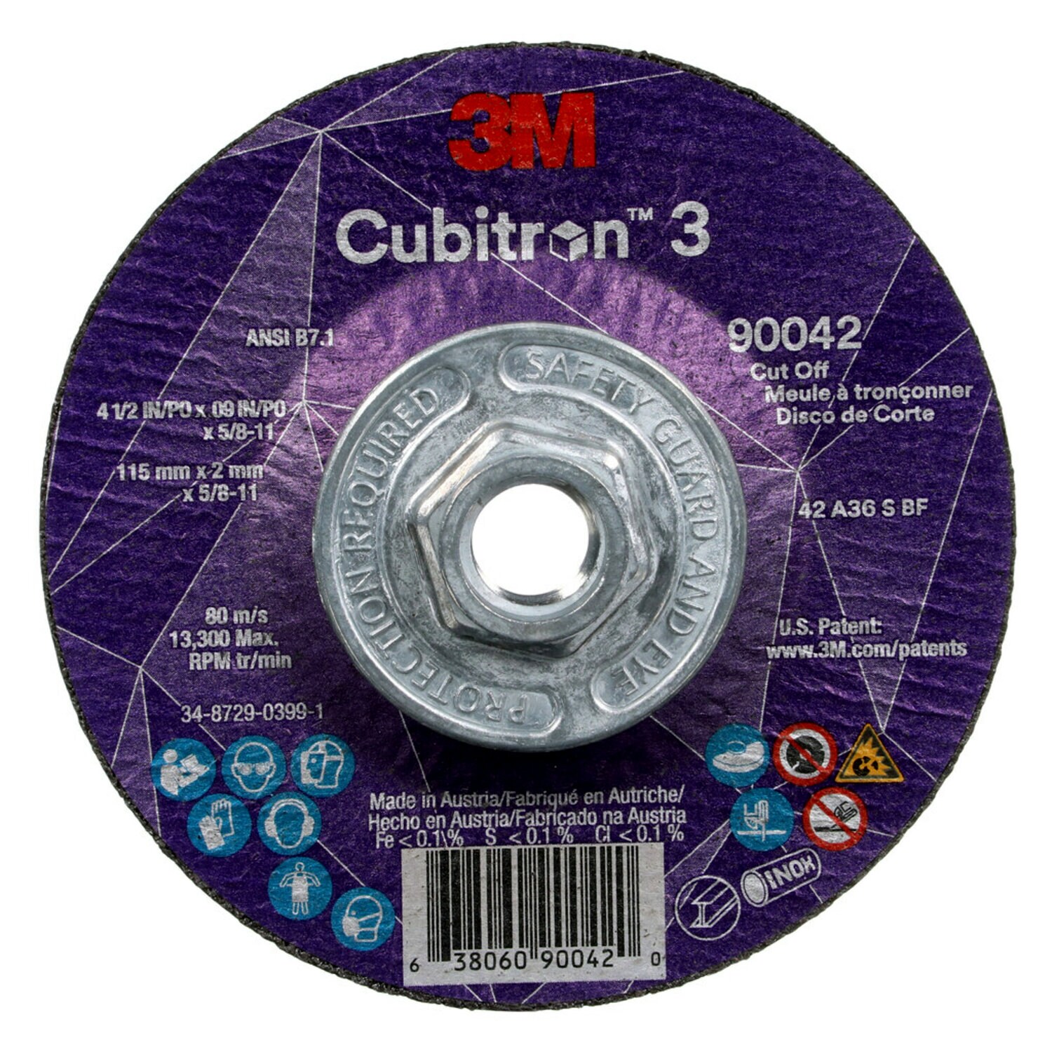 7100313200 - 3M Cubitron 3 Cut-Off Wheel, 90042, 36+, T27, 4-1/2 in x 0.09 in x 5/8
in-11 (115 x 2 mm x 5/8-11 in), ANSI, 10 ea/Case