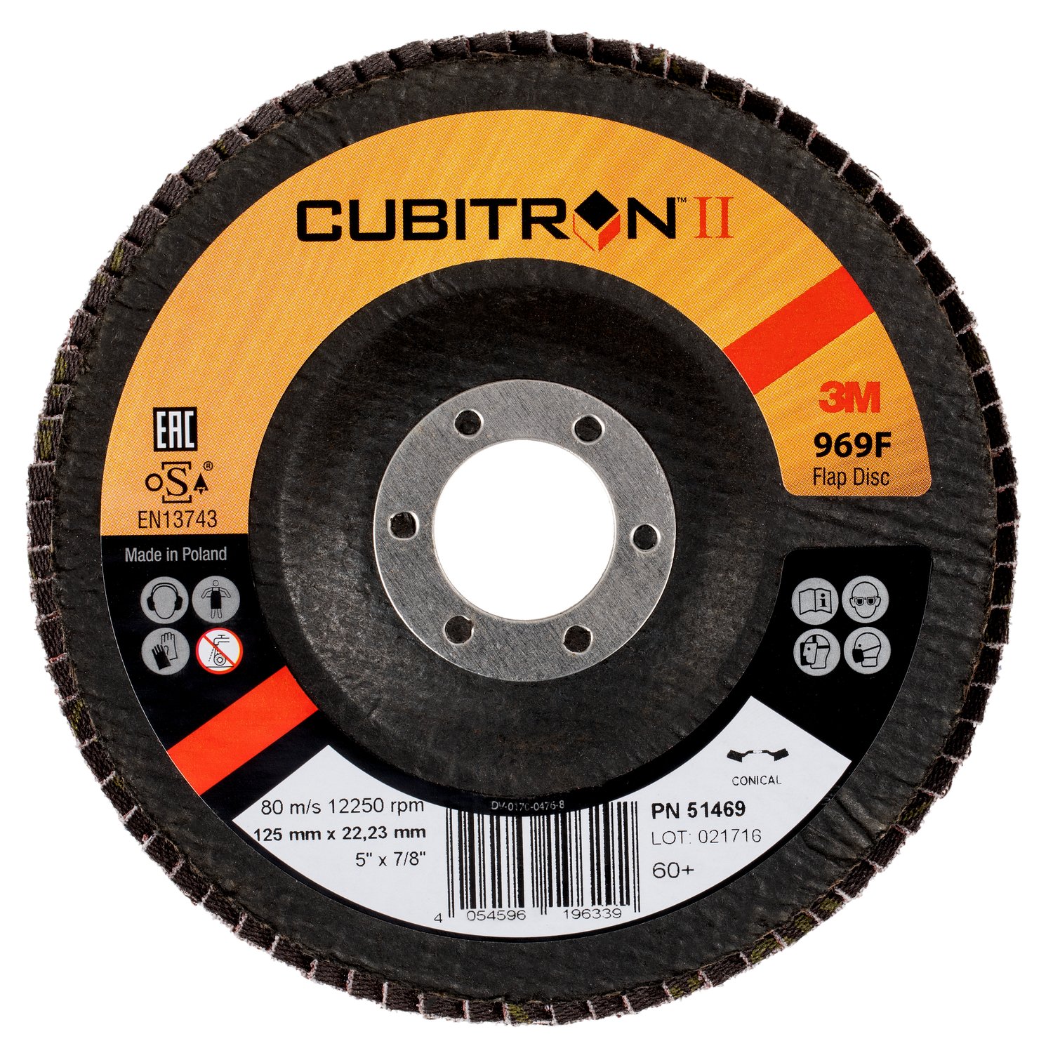 7100104886 - 3M Cubitron II Flap Disc 969F, 60+, T27, 5 in x 7/8 in, 10 ea/Case