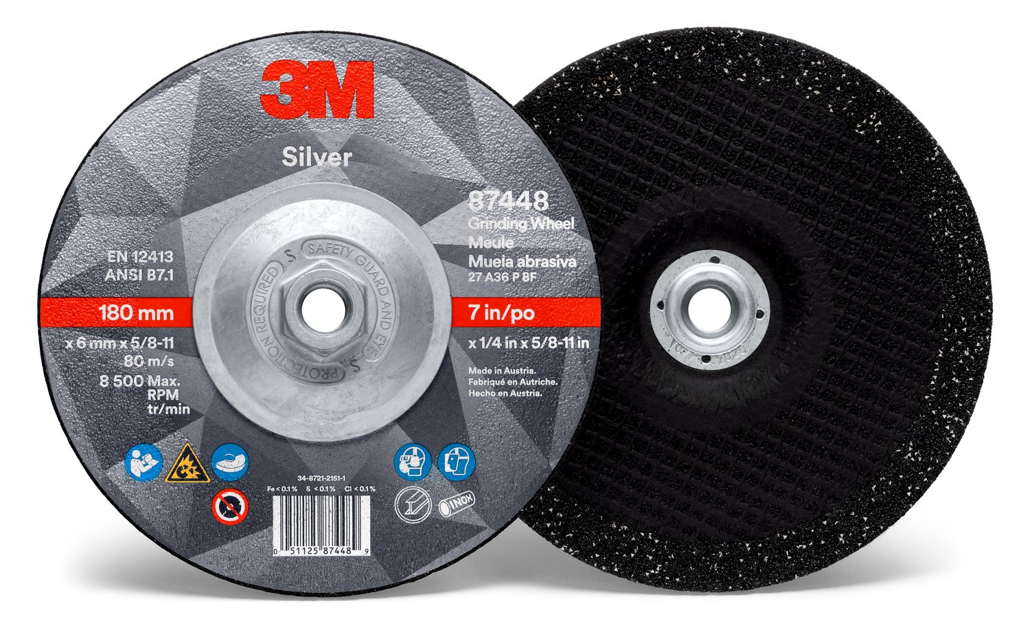 7010412150 - 3M Silver Depressed Center Grinding Wheel, 87448, T27 Quick Change, 7
in x 1/4 in x 5/8 in-11 in, 10/Carton, 20 ea/Case