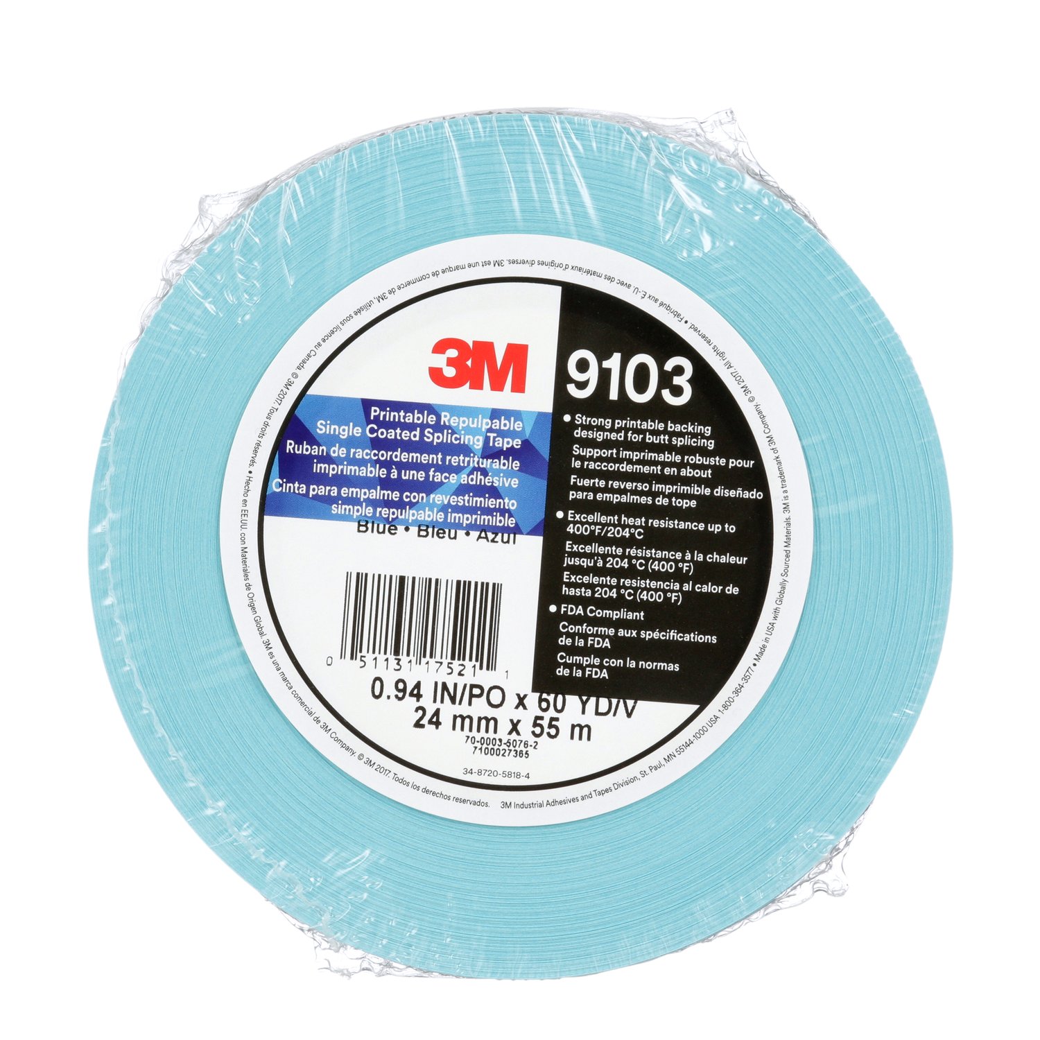 7100027365 - 3M Printable Repulpable Single Coated Splicing Tape 9103, Blue, 24 mm x
55 m, 4.1 mil, 36 Roll/Case