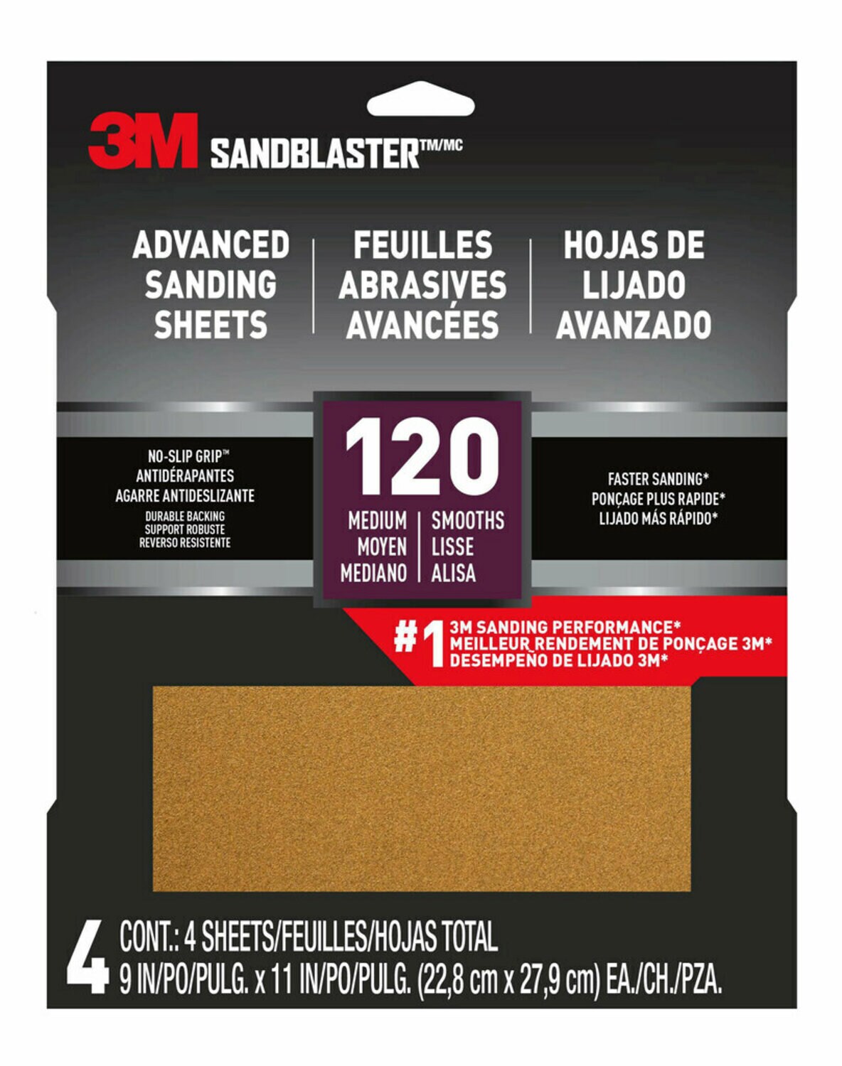 7100285557 - 3M SandBlaster Advanced Sanding Sheets w/ NO-SLIP GRIP Backing 20120-G-4, 9 in x 11 in, 120 Grit, 4 Shts/pk