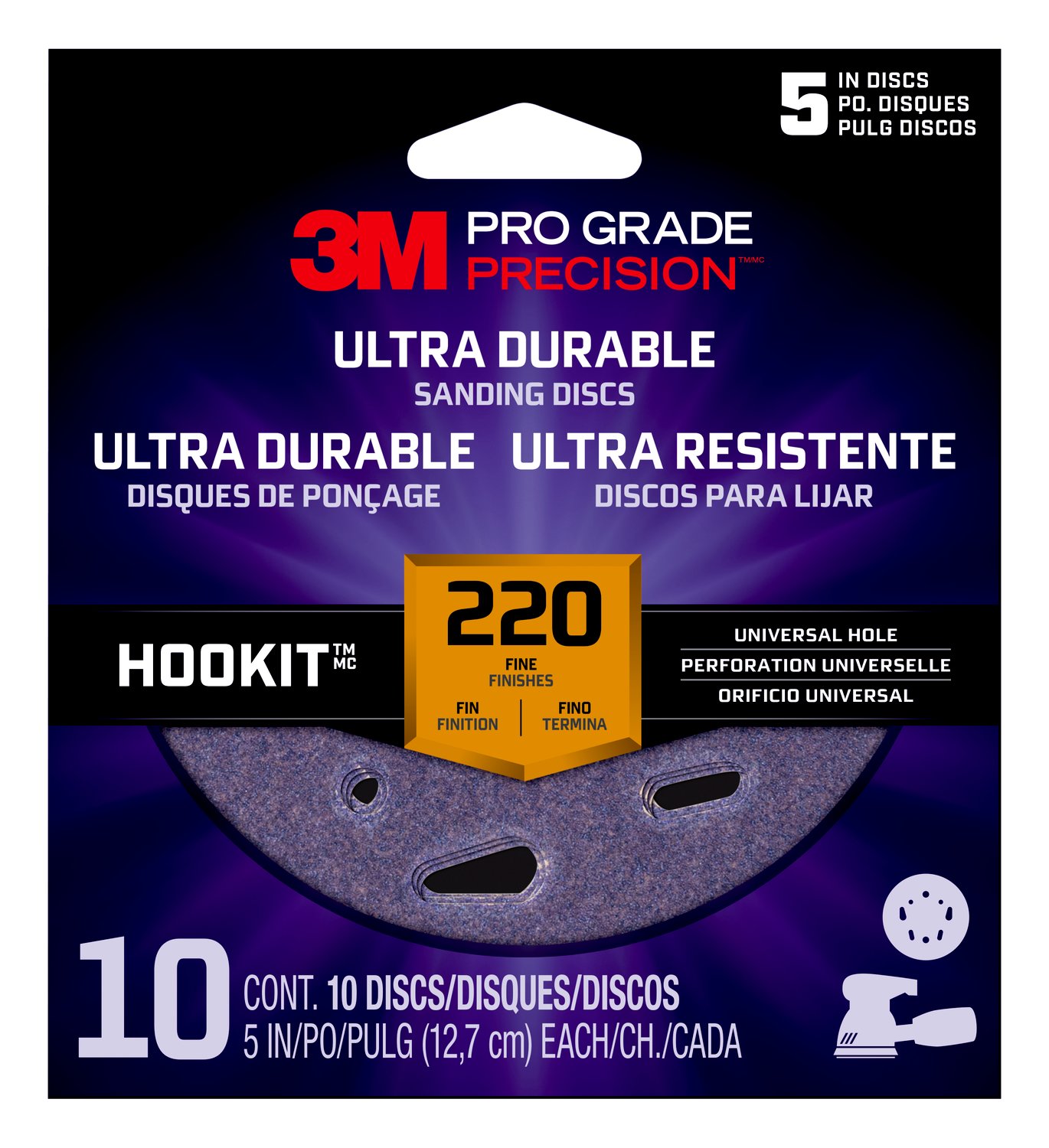 7100202878 - 3M Pro Grade Precision Ultra Durable Universal Hole Sanding Disc
DUH5220TRI-10I, 5 inch UH, 220, 10/pack