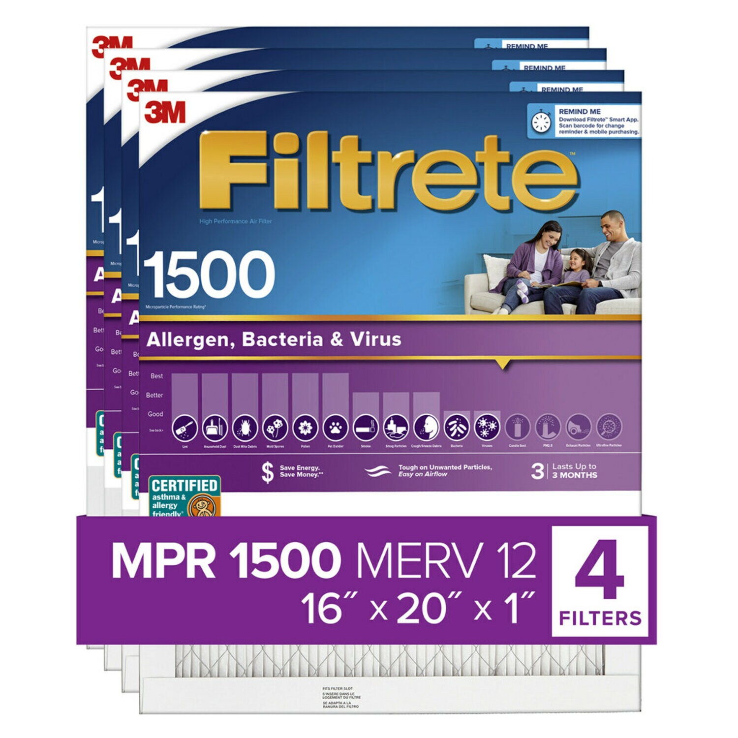 7100203142 - Filtrete Allergen, Bacteria & Virus Air Filter, 1500 MPR, 2000-4-HR, 16 in x 20 in x 1 in (40,6 cm x 50,8 cm x 2,5 cm)