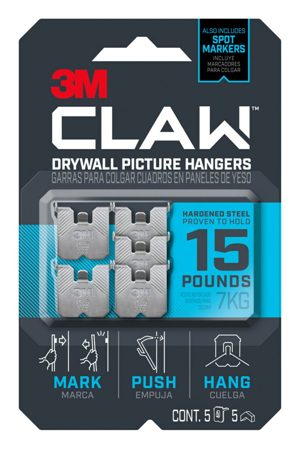 7100220647 - 3M CLAW Drywall Picture Hanger 15 lb with Temporary Spot Marker 3PH15M-5ES-ALT, 5 hangers, 5 markers