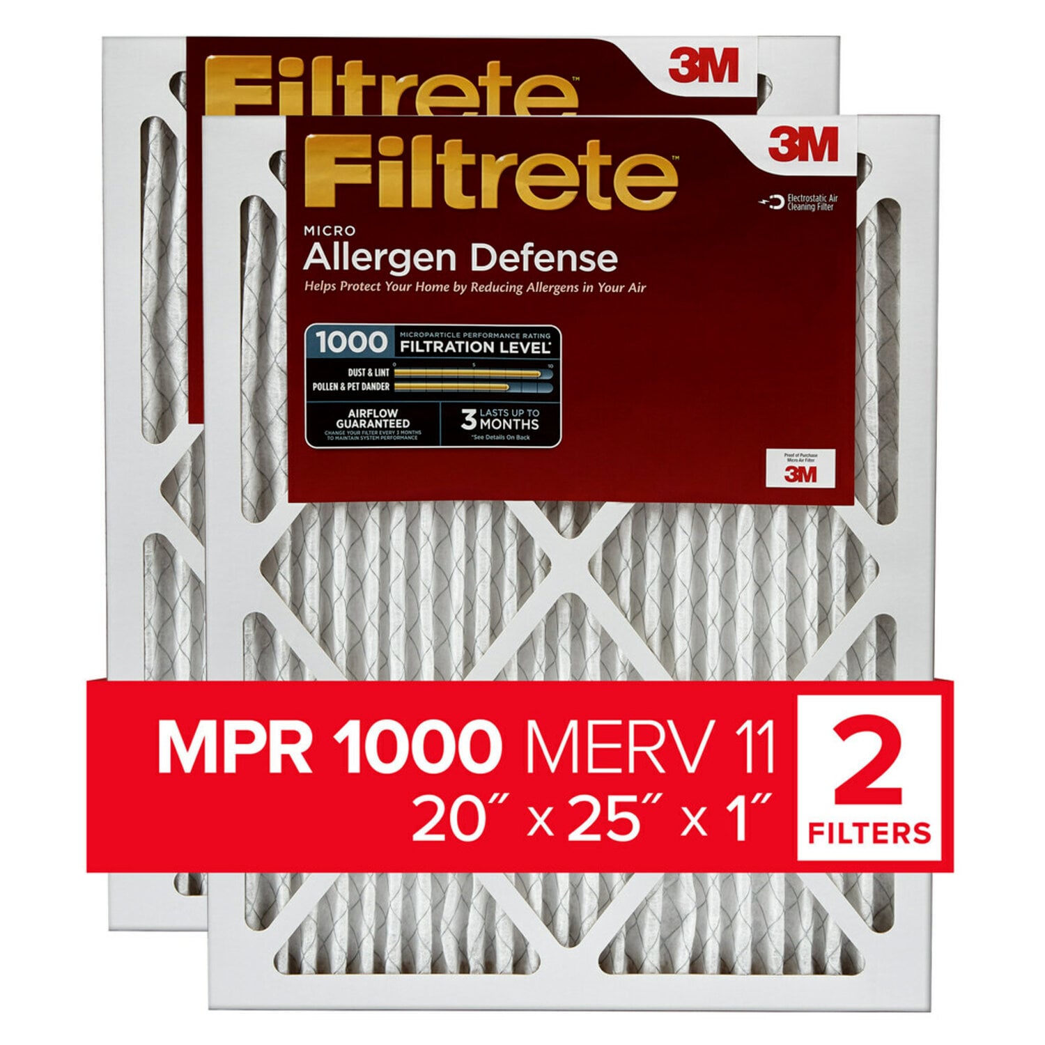 7100243960 - Filtrete Electrostatic Air Filter 1000 MPR AD03-2PK-1E, 20 in x 25 in x 1 in (50.8 cm x 63.5 cm x 2.5 cm),