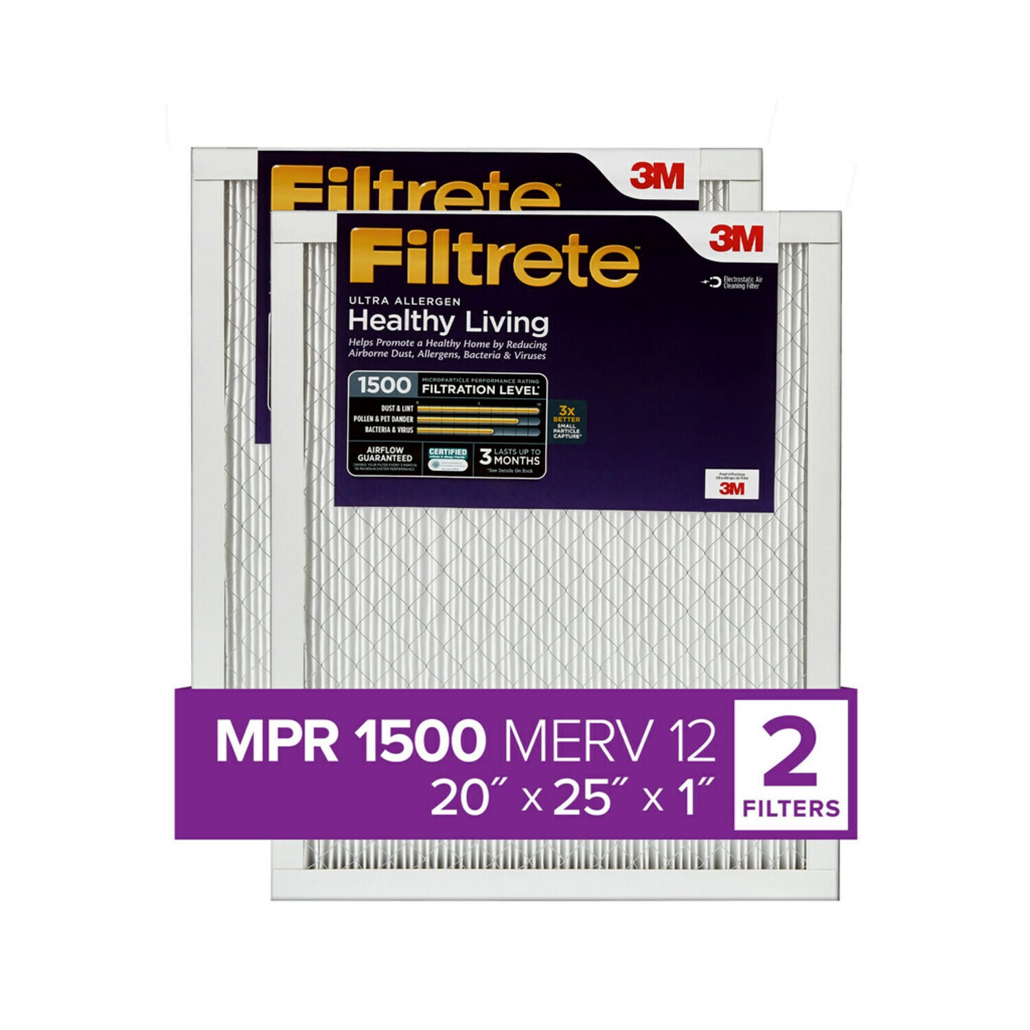 7100269662 - Filtrete Ultra Allergen Reduction Filter UR03-2PK-1E, 20 in x 25 in x 1 in (50.8 cm x 63.5 cm x 2.5 cm)