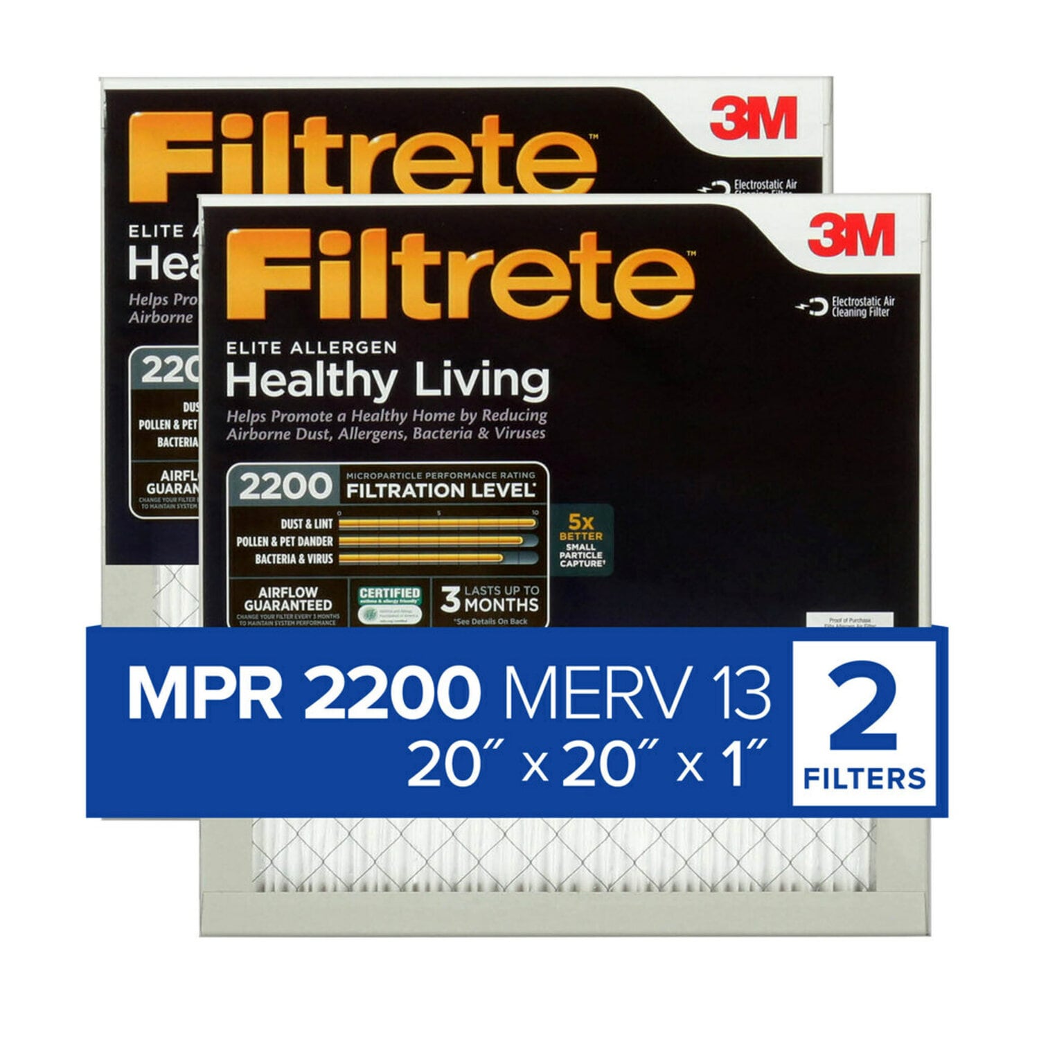 7100212425 - Filtrete Elite Allergen Reduction Filter EA02-2PK-1E, 20 in x 20 in x 1 in (50.8 cm x 50.8 cm x 2.5 cm)