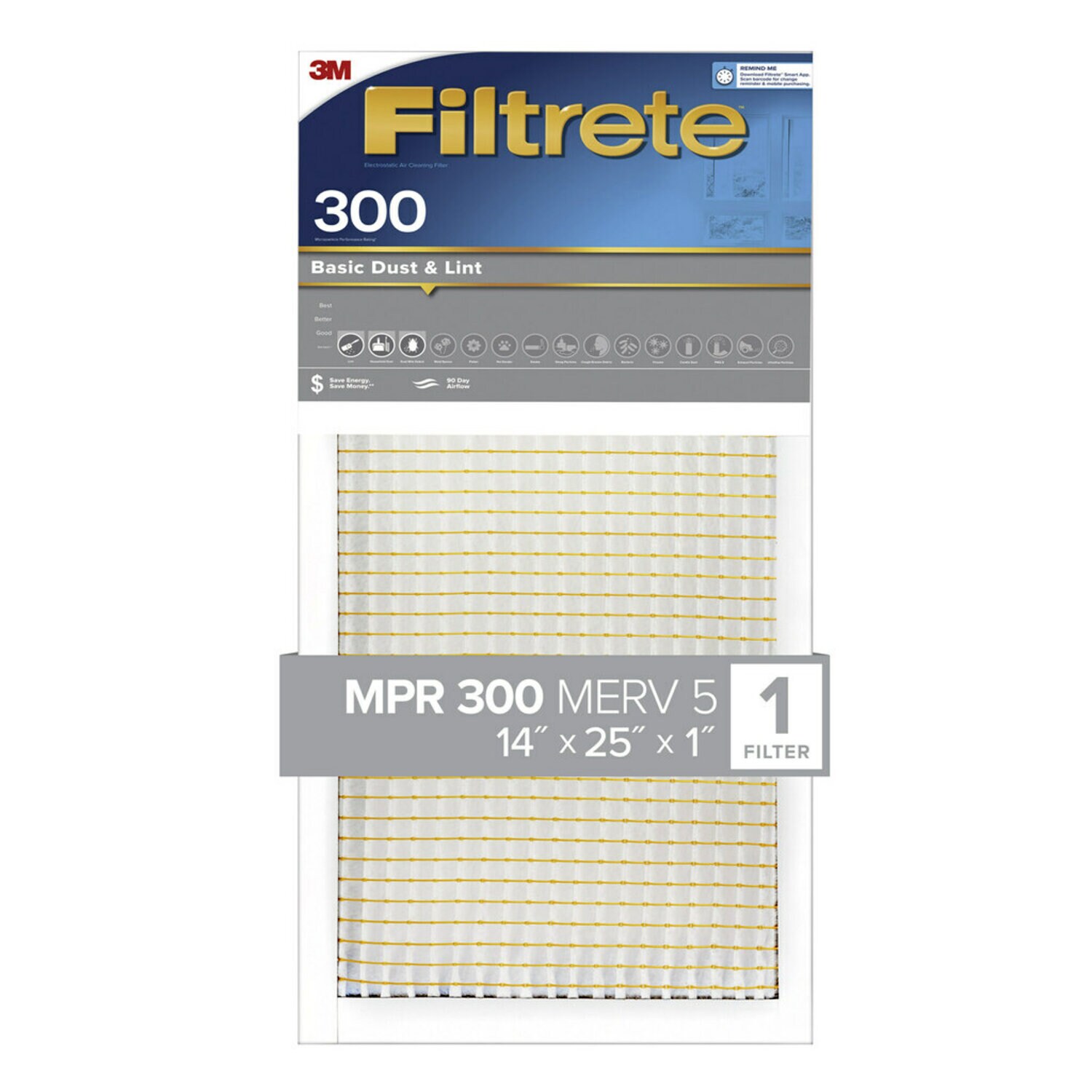 7100186900 - Filtrete Basic Dust & Lint Air Filter, 300 MPR, 304-4, 14 in x 25 in x
1 in (35.5 cm x 63.5 cm x 2.5 cm)