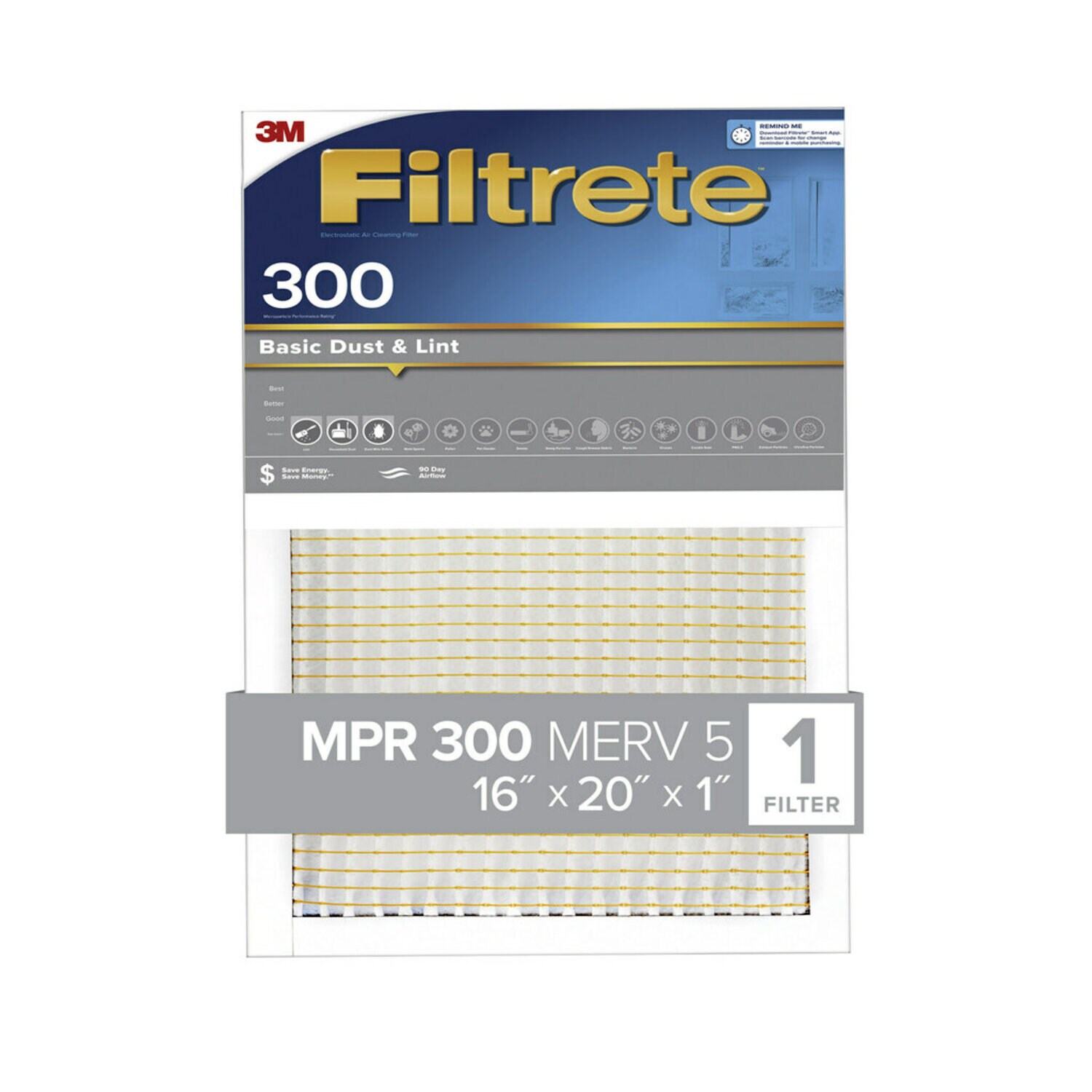7100184247 - Filtrete Basic Dust & Lint Air Filter, 300 MPR, 300-4, 16 in x 20 in x
1 in (40.6 cm x 50.8 cm x 2.5 cm)