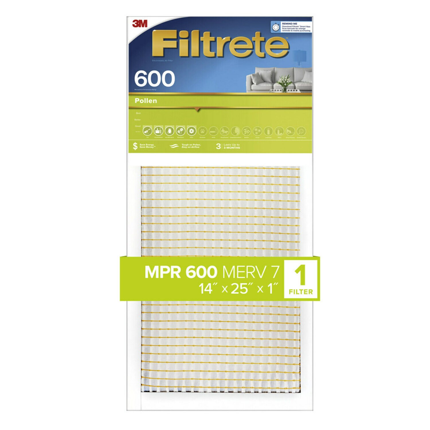 7100189227 - Filtrete Pollen Air Filter, 600 MPR, 9834-4, 14 in x 25 in x 1 in (35,5
cm x 63,5 cm x 2,5 cm)