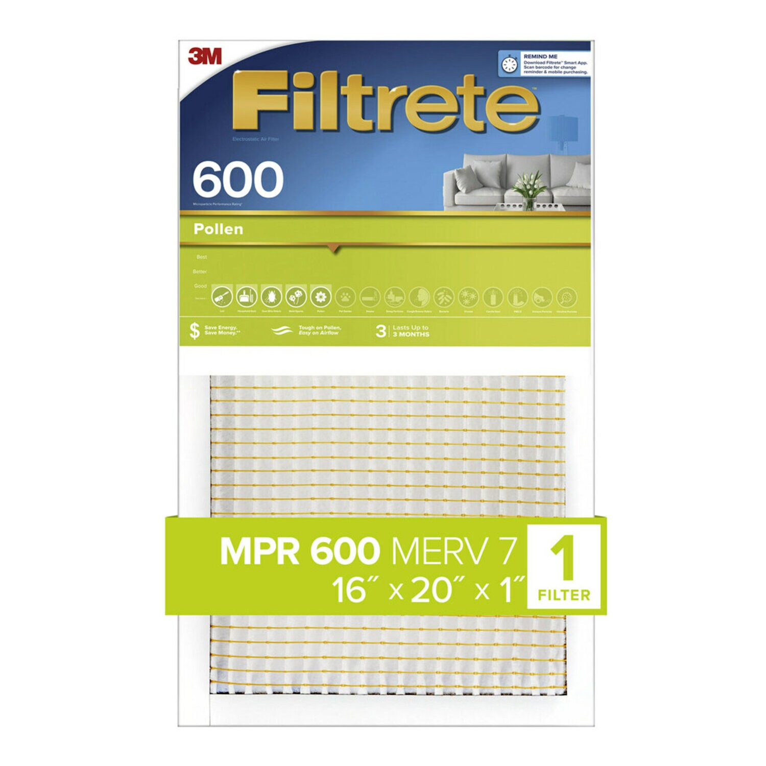 7100182284 - Filtrete Pollen Air Filter, 600 MPR, 9830-4, 16 in x 20 in x 1 in (40.6
cm x 50.8 cm x 2.54 cm)