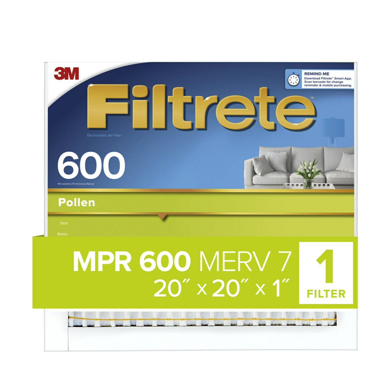 7100183958 - Filtrete Pollen Air Filter, 600 MPR, 9832-4, 20 in x 20 in x 1 in (50.8
cm x 50.8 cm x 2.54 cm)