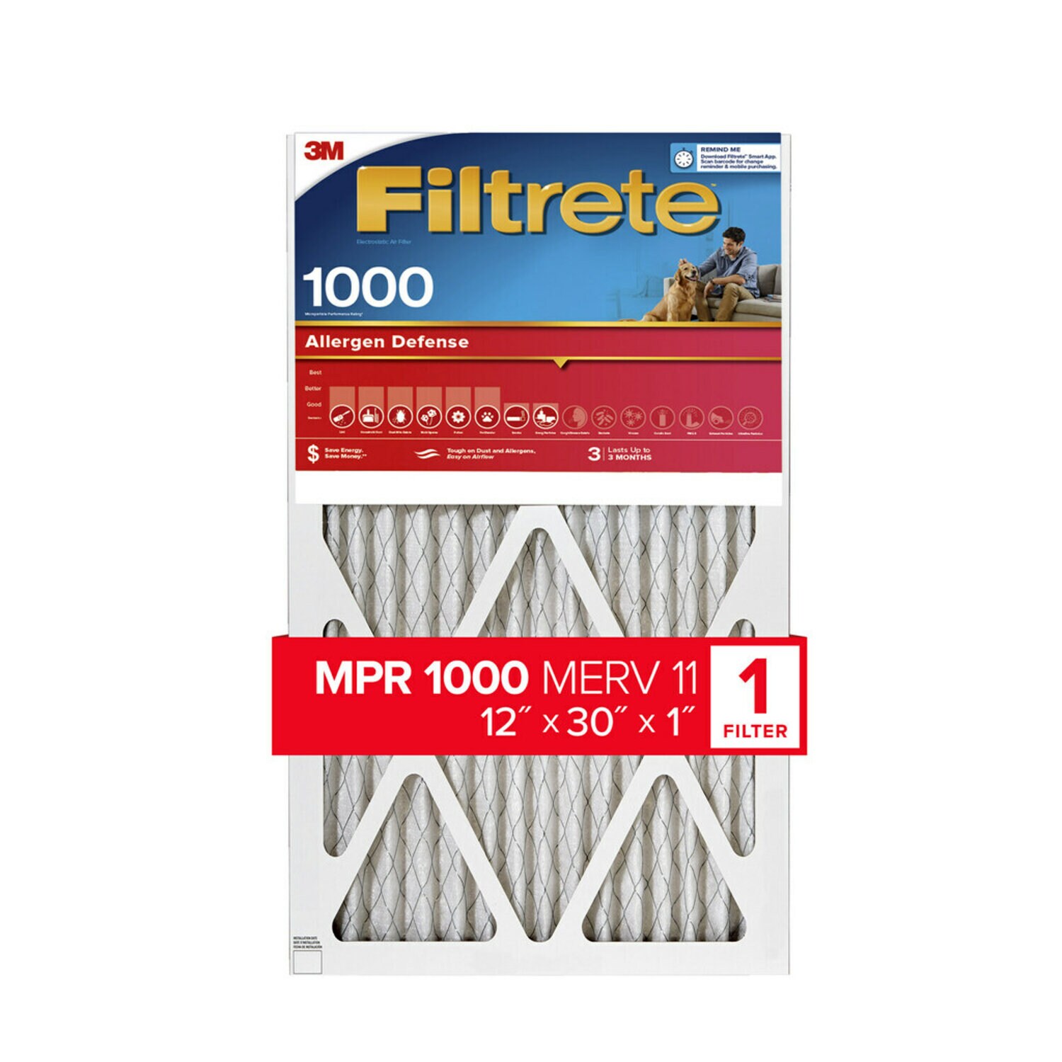 7100192554 - Filtrete Allergen Defense Air Filter, 1000 MPR, AL42-4, 12 in x 30 in x
1 in (30,4 cm x 76,2 cm x 2,5 cm)