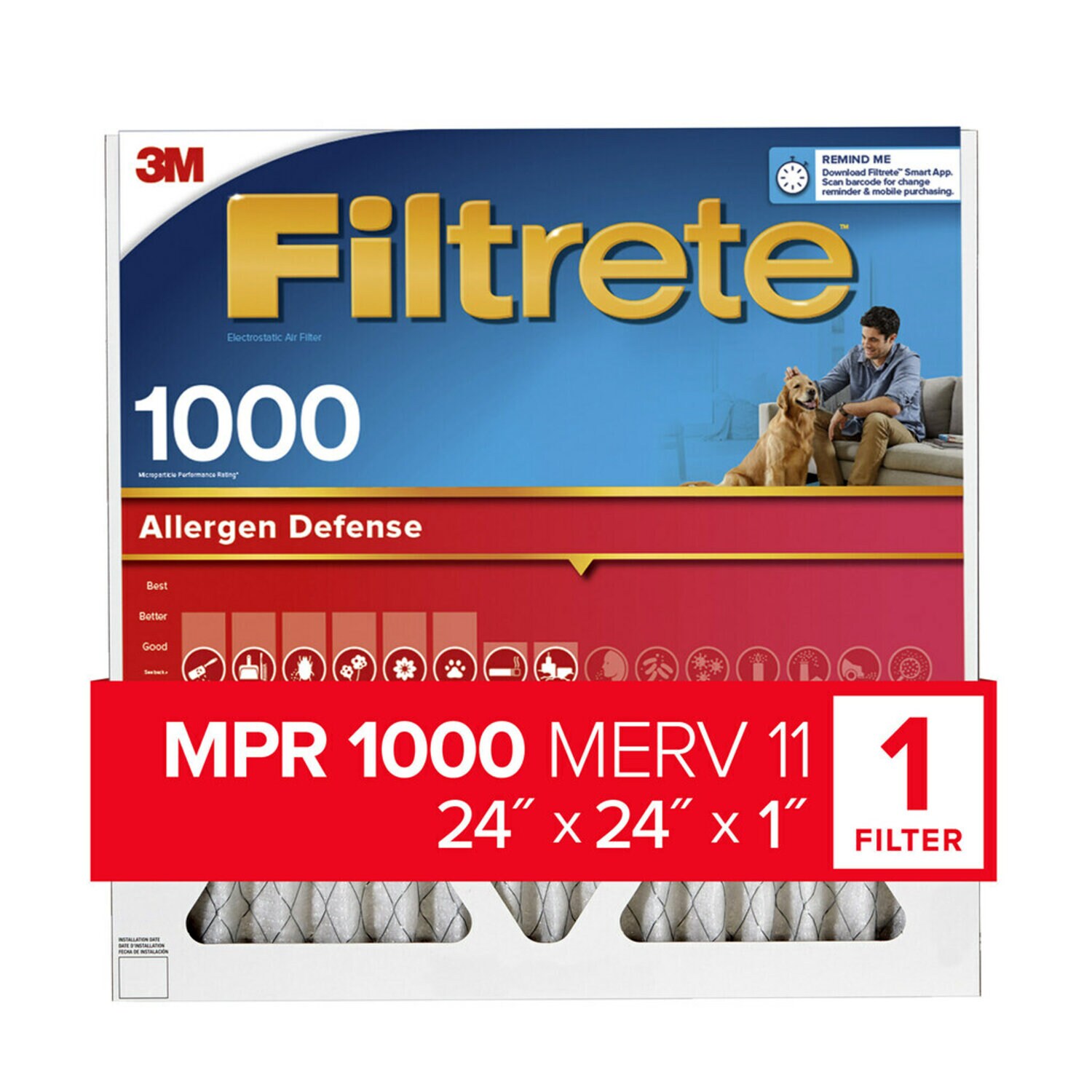 7100192461 - Filtrete Allergen Defense Air Filter, 1000 MPR, AL12-4, 24 in x 24 in x
1 in (60,9 cm x 60,9 cm x 2,5 cm)