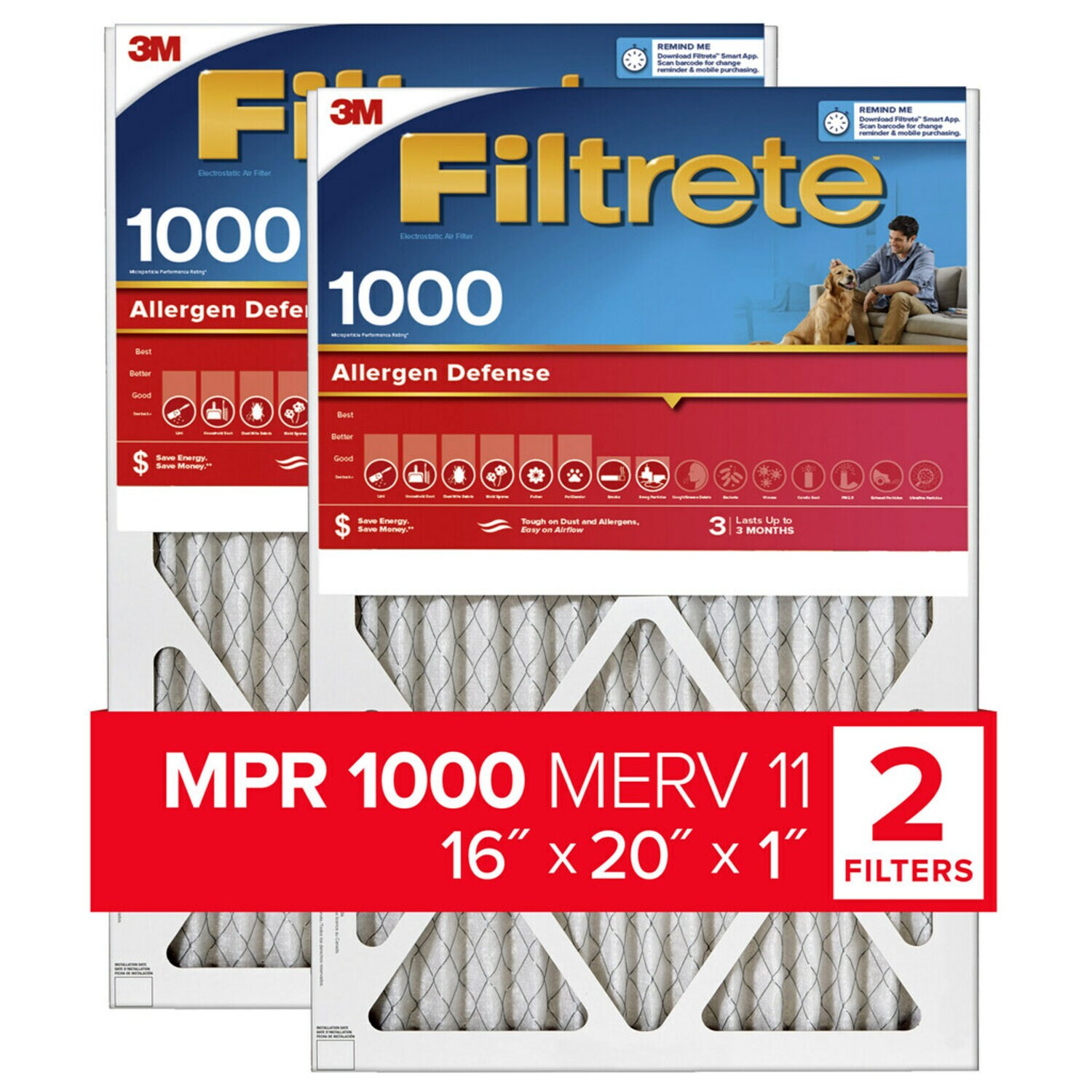 7100188267 - Filtrete Allergen Defense Air Filter, 1000 MPR, 9800-2PK-HDW, 16 in x
20 in x 1 in (40,6 cm x 50,8 cm x 2,5 cm)