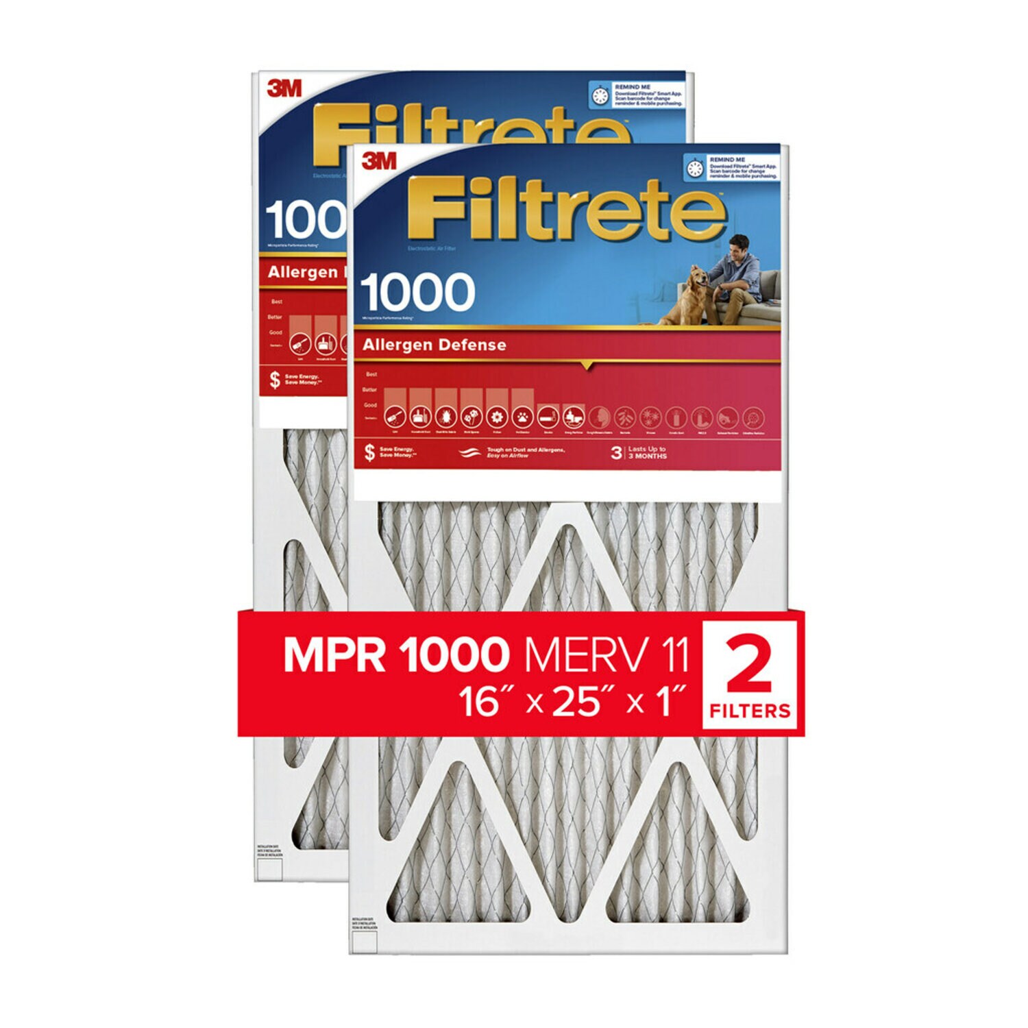 7100188262 - Filtrete Allergen Defense Air Filter, 1000 MPR, 9801-2PK-HDW, 16 in x
25 in x 1 in (40,6 cm x 63,5 cm x 2,5 cm)