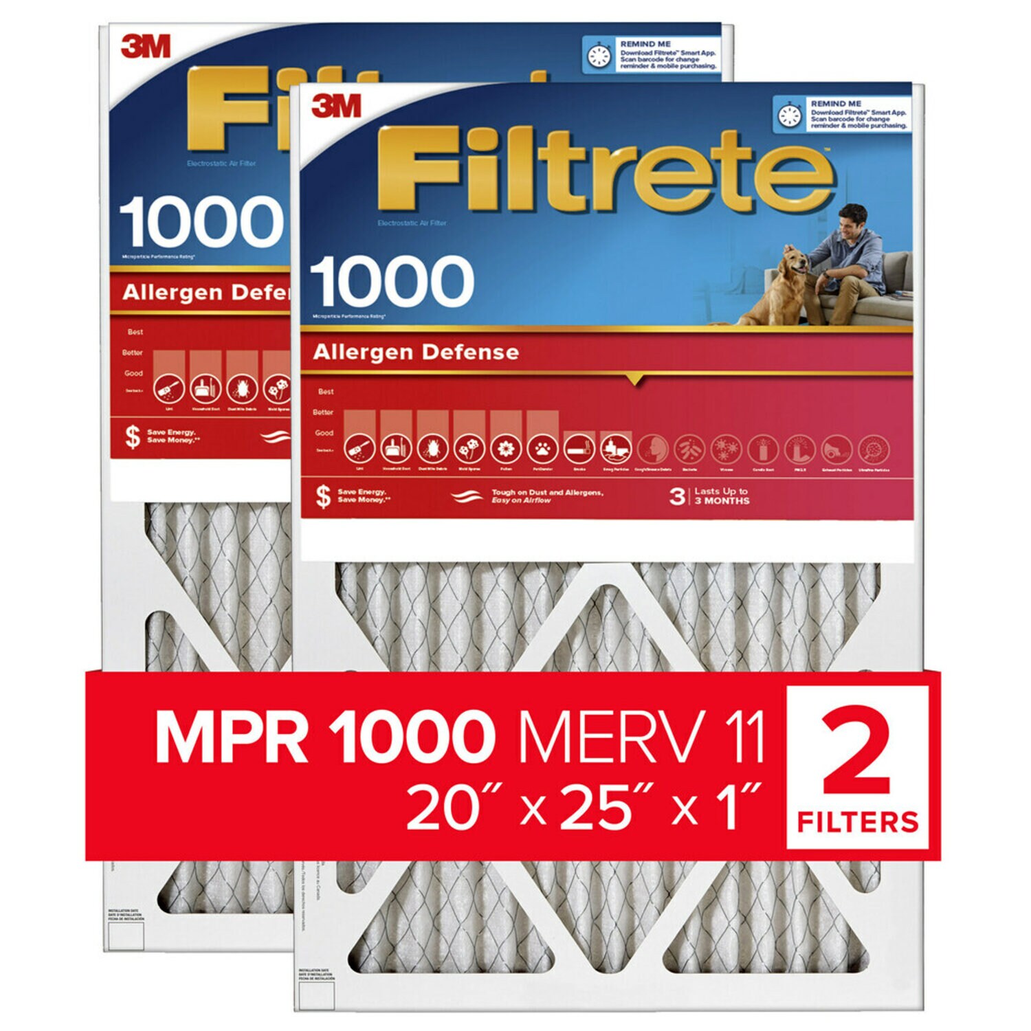 7100188252 - Filtrete Allergen Defense Air Filter, 1000 MPR, 9803-2PK-HDW, 20 in x
25 in x 1 in (50,8 cm x 63,5 cm x 2,5 cm)