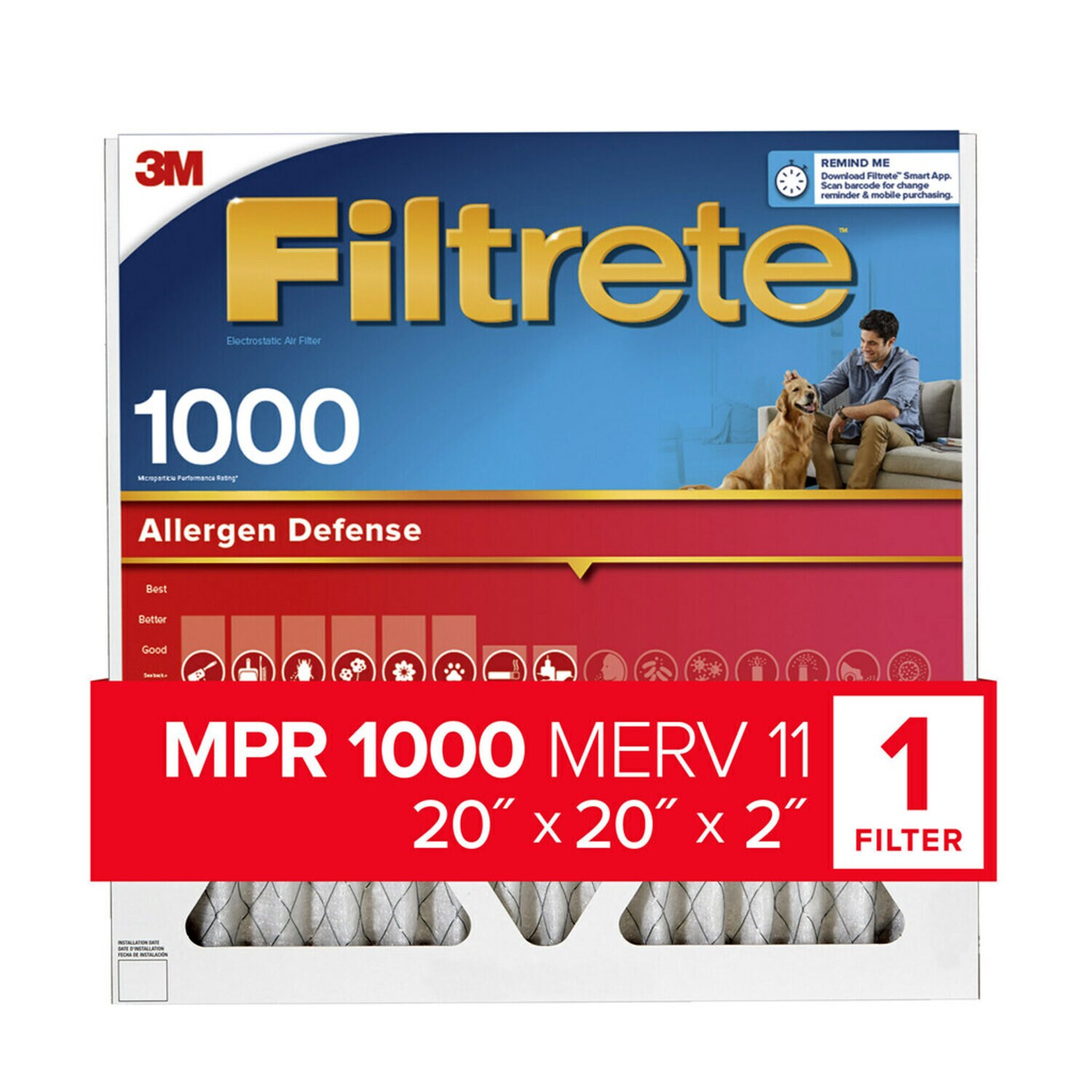 7100269512 - Filtrete Electrostatic Air Filter 1000 MPR NADP02-2IN-4, 20 in x 20 in x 2 in (50.8 cm x 50.8 cm x 5 cm)