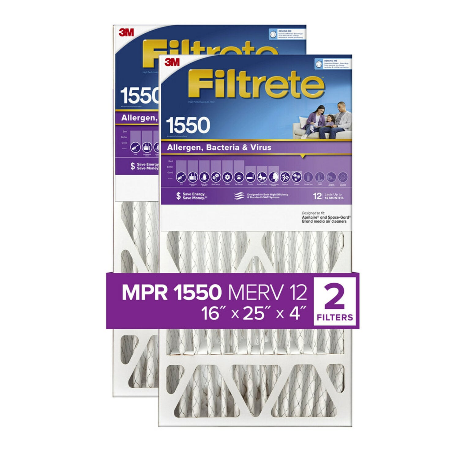 7100268583 - Filtrete High Performance Air Filter 1550 MPR NDP01-4-2PK-1E, 16 in x 25 in x 4 in (40.6 cm x 63.5 cm x 10.1 cm)